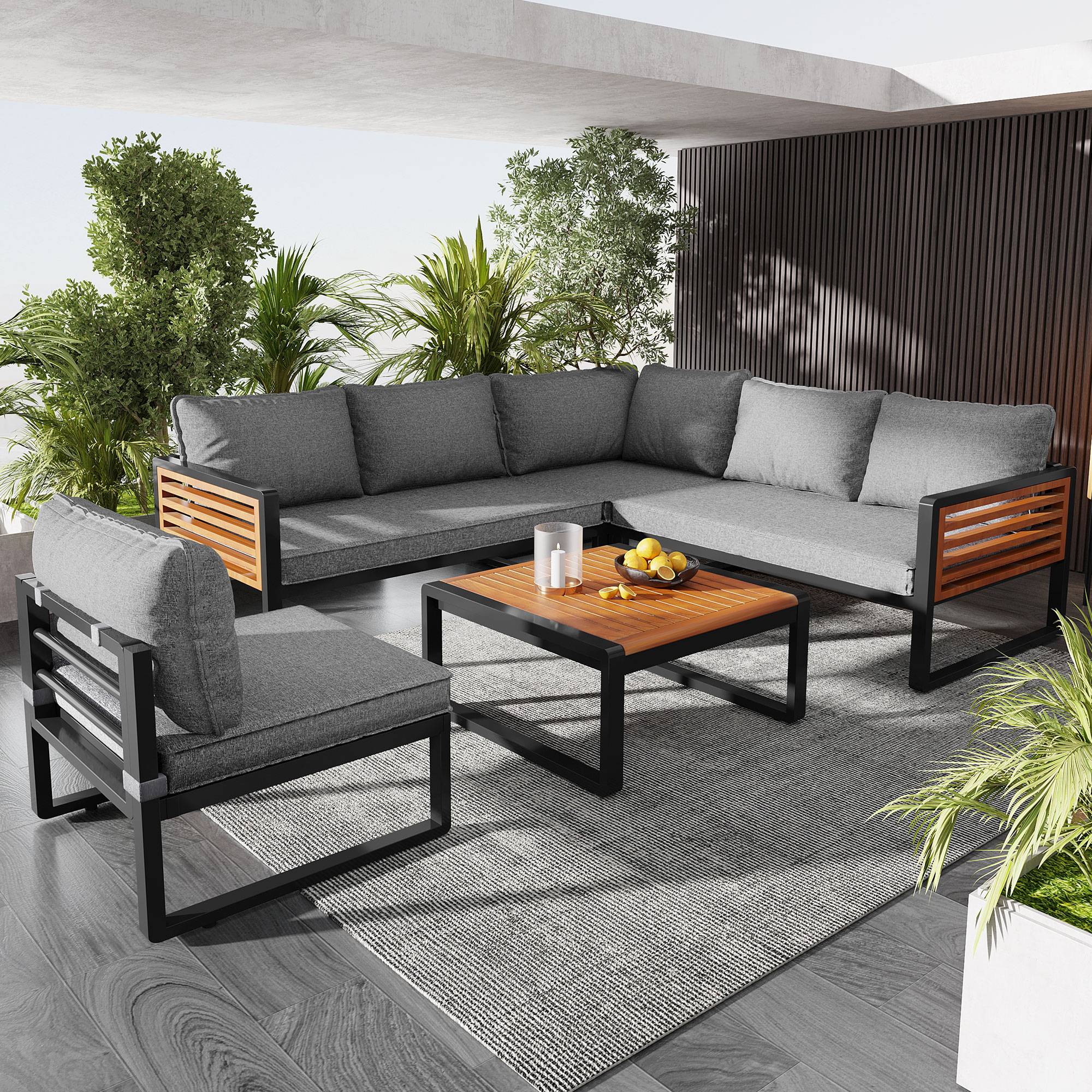 Salon jardin moderne 5-6 places : cadre fer galvanisé, accoudoirs bois, idéal balcon/terrasse