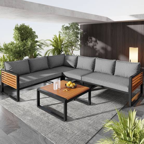 Salon jardin moderne 5-6 places : cadre fer galvanisé, accoudoirs bois, idéal balcon/terrasse - Image 3