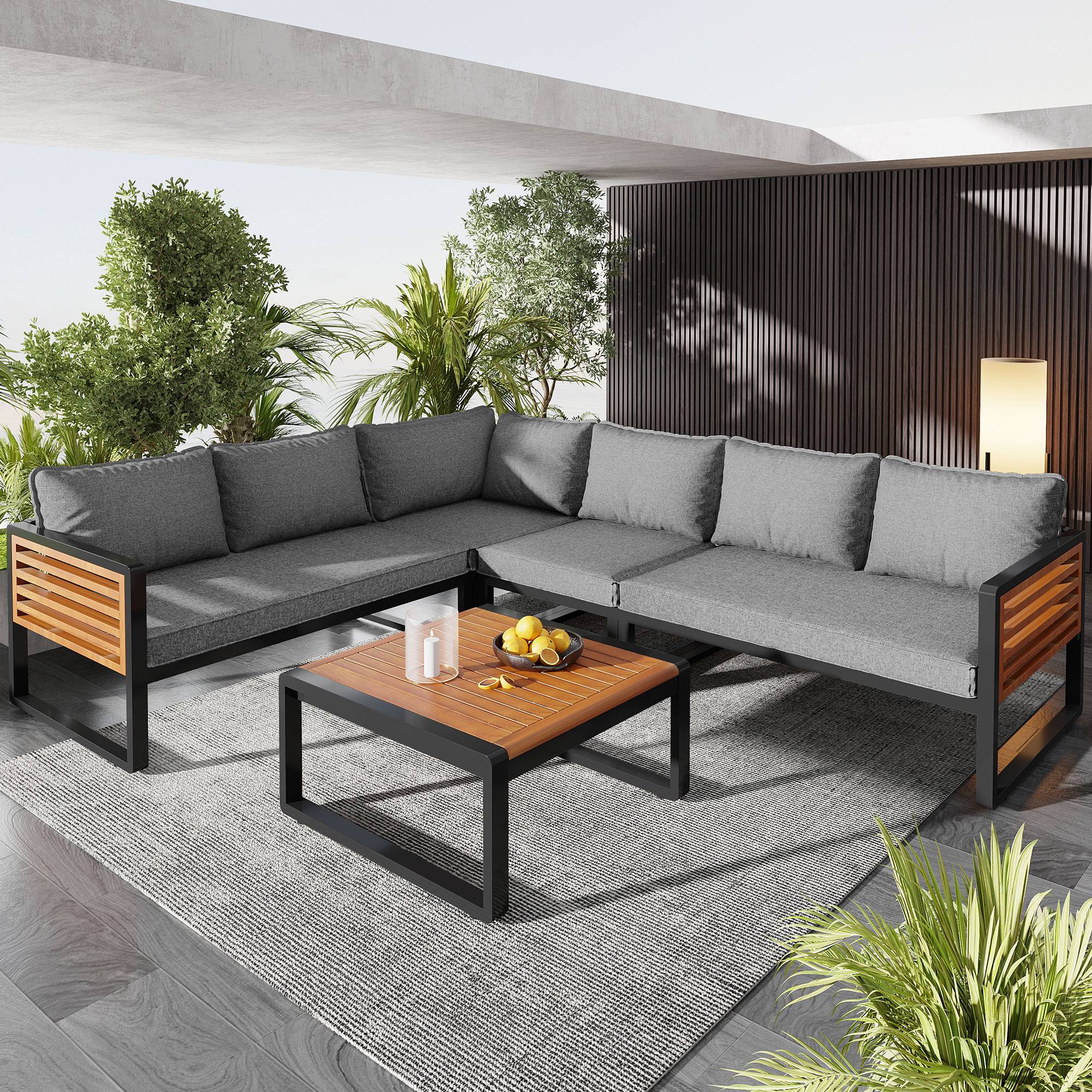 Salon jardin moderne 5-6 places : cadre fer galvanisé, accoudoirs bois, idéal balcon/terrasse - Image 3