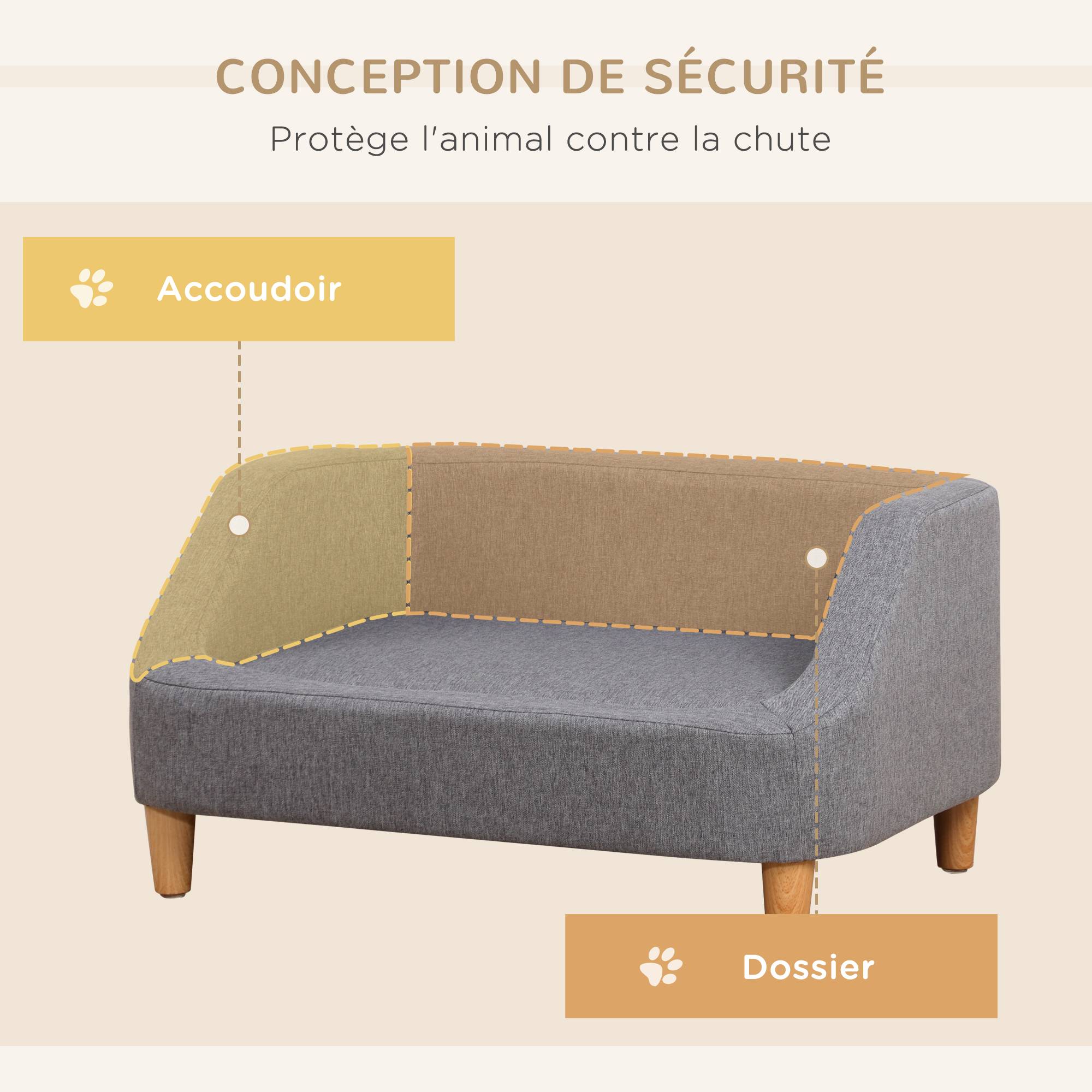 Sans Marque - Canapé pour chien lit pour chien animal domestique style scandinave pieds en bois revêtement tissu déhoussable 75 x 55 x 39 cm - gris - Image 6