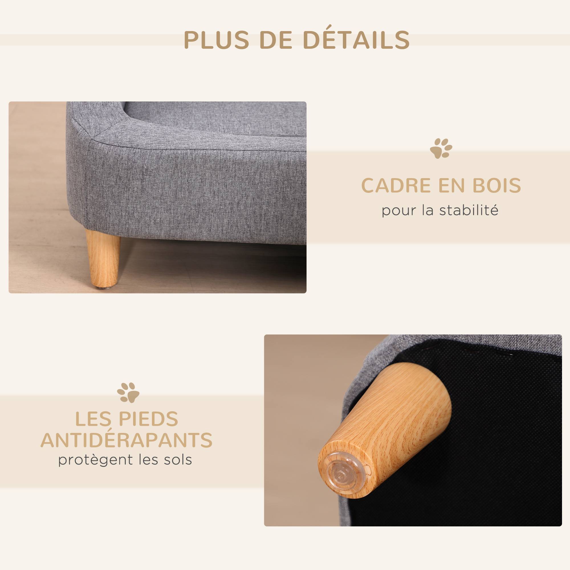Sans Marque - Canapé pour chien lit pour chien animal domestique style scandinave pieds en bois revêtement tissu déhoussable 75 x 55 x 39 cm - gris - Image 8