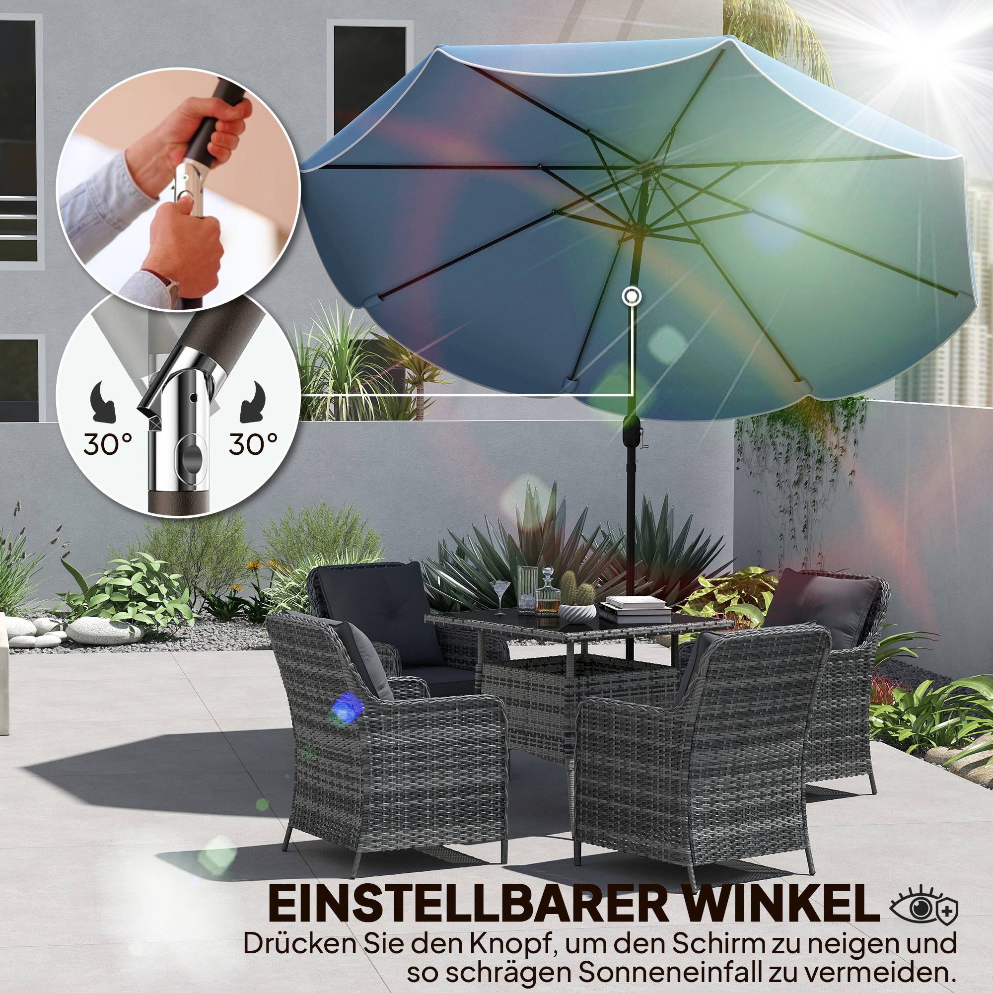 Parasol rond, balcon, plage, 3 inclinaisons, manivelle, 8 nervures, Ø265 x 235H cm, bleu ciel - Image 7