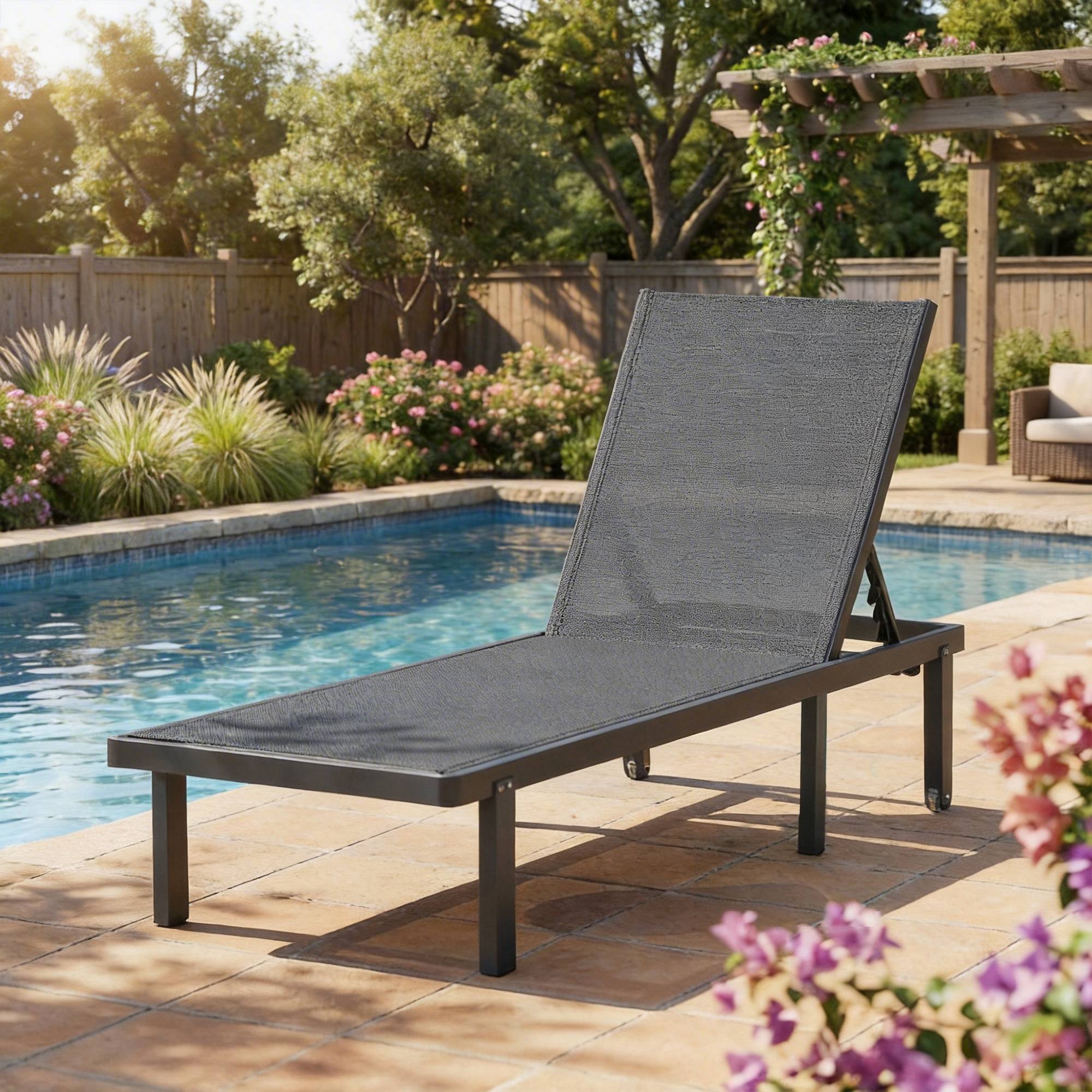 Bain de Soleil Transat de Jardin avec Roulettes Inclinable - 190x62x88cm Aluminium Gris foncé fr38 - Image 4