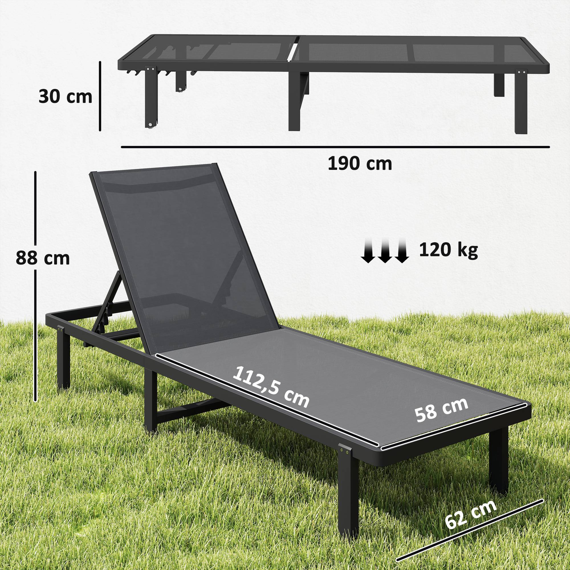 Bain de Soleil Transat de Jardin avec Roulettes Inclinable - 190x62x88cm Aluminium Gris foncé fr38 - Image 5
