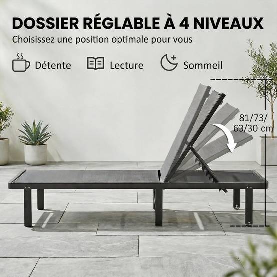 Bain de Soleil Transat de Jardin avec Roulettes Inclinable - 190x62x88cm Aluminium Gris foncé fr38 - Image 6