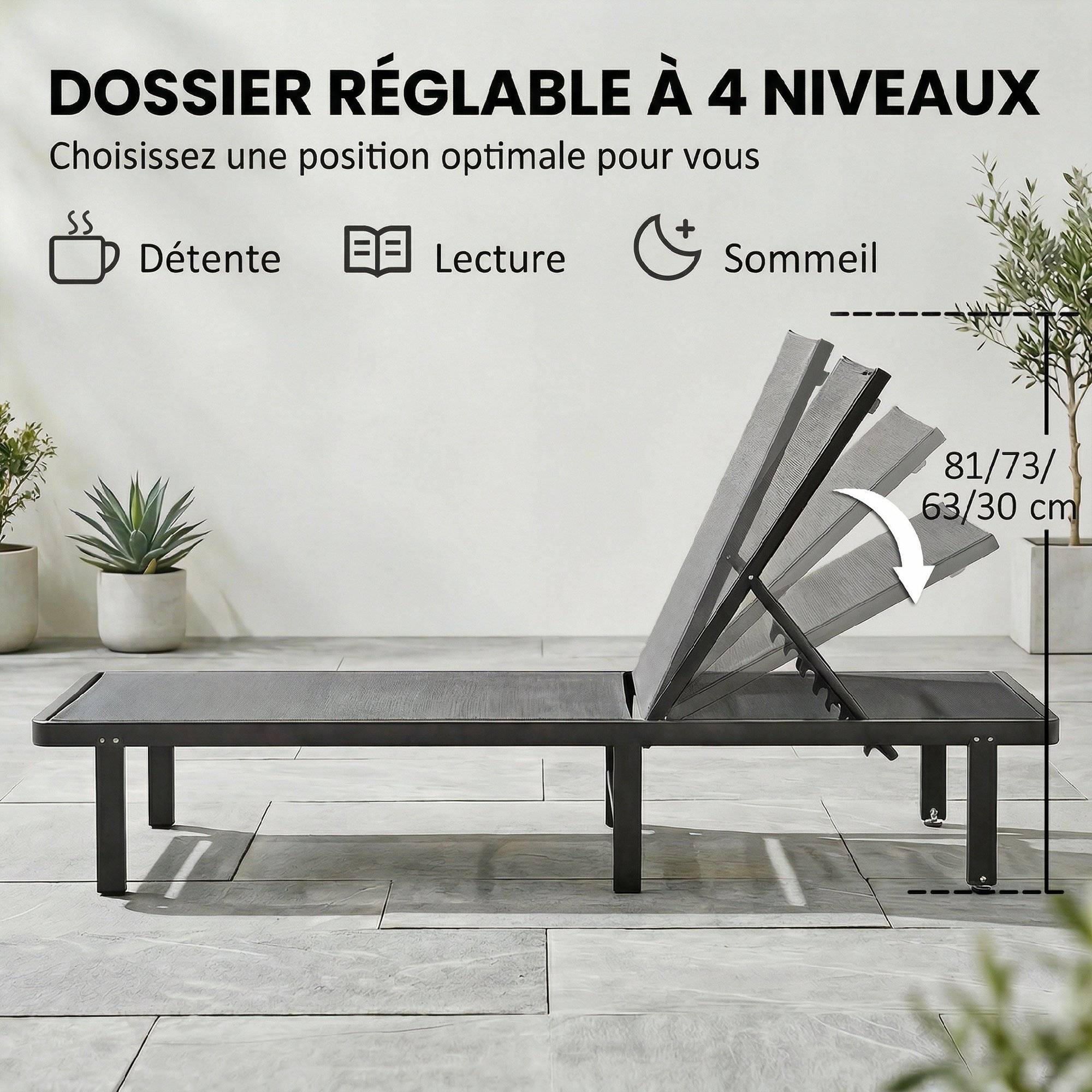 Bain de Soleil Transat de Jardin avec Roulettes Inclinable - 190x62x88cm Aluminium Gris foncé fr38 - Image 6