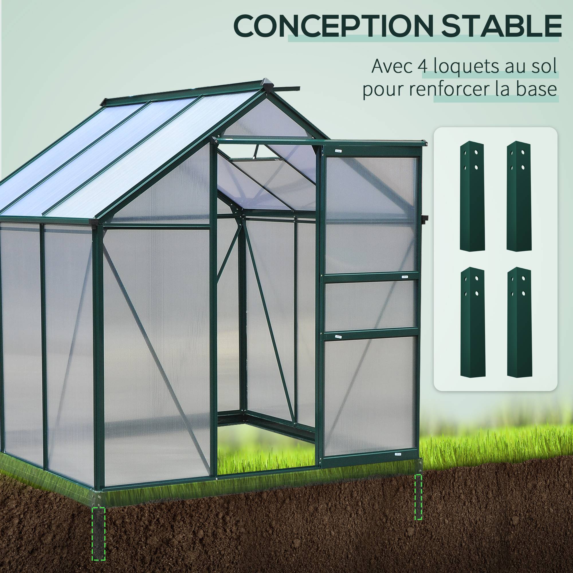 Sans Marque - Serre de jardin polycarbonate 190x192x201 cm UV 30+ structure renforcée serre potager extérieur vert foncé - Image 8