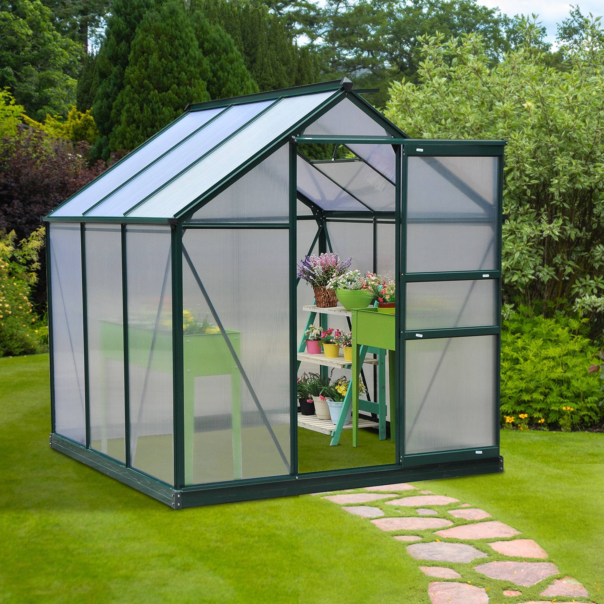 Sans Marque - Serre de jardin polycarbonate 190x192x201 cm UV 30+ structure renforcée serre potager extérieur vert foncé - Image 3