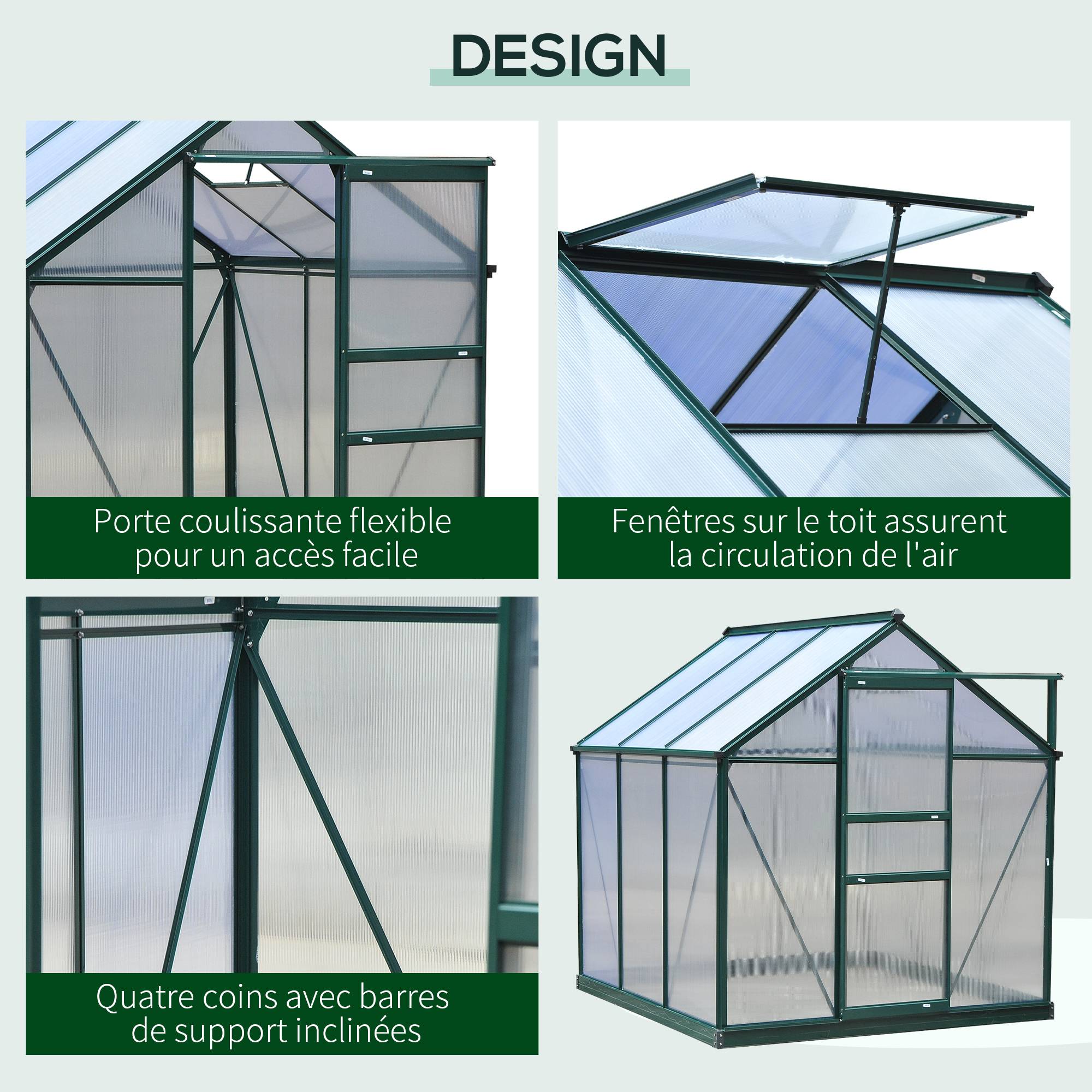 Sans Marque - Serre de jardin polycarbonate 190x192x201 cm UV 30+ structure renforcée serre potager extérieur vert foncé - Image 6