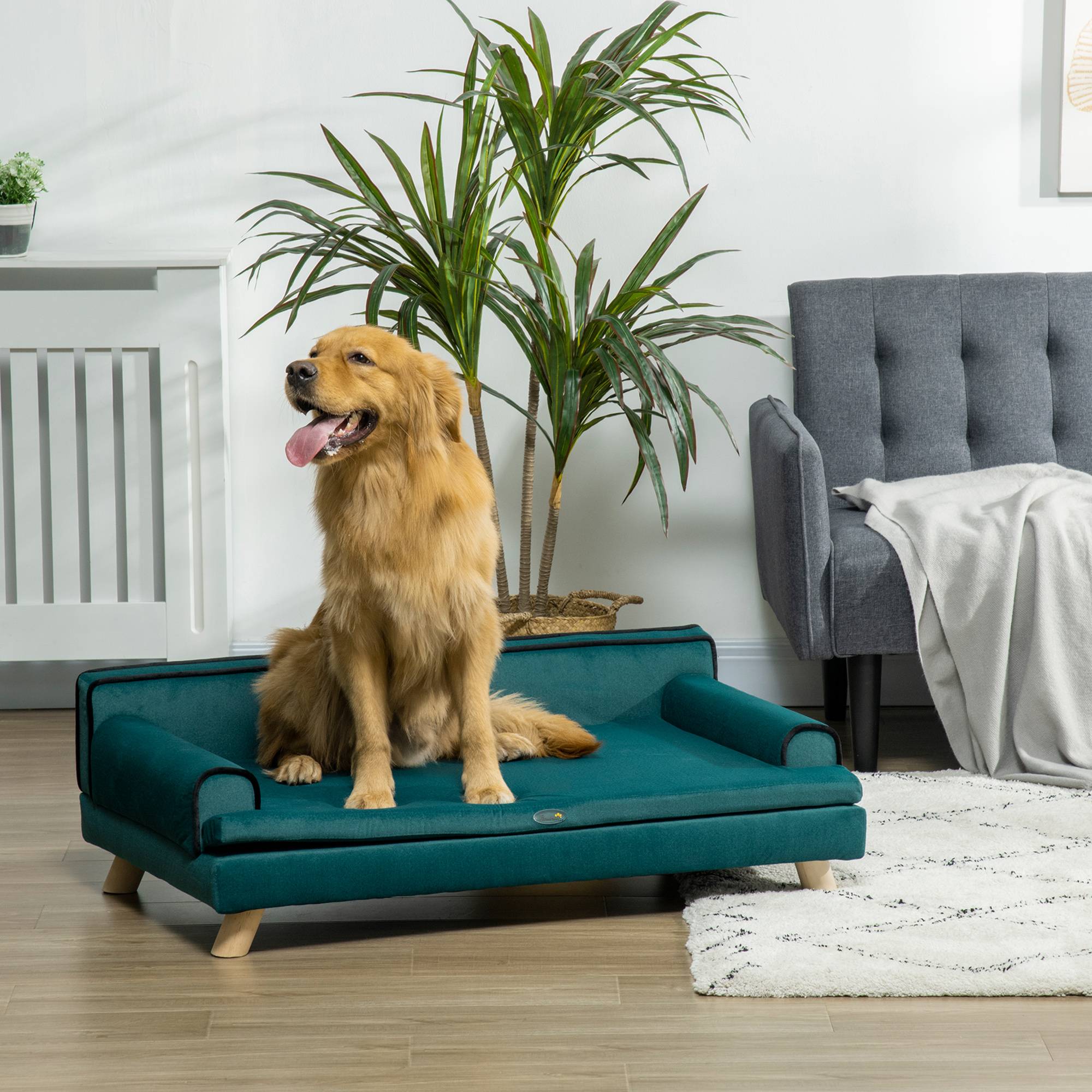 Sans Marque - Canapé pour chien chat design scandinave coussin moelleux amovible pieds bois massif 100 x 62 x 32 cm bleu canard - Image 3