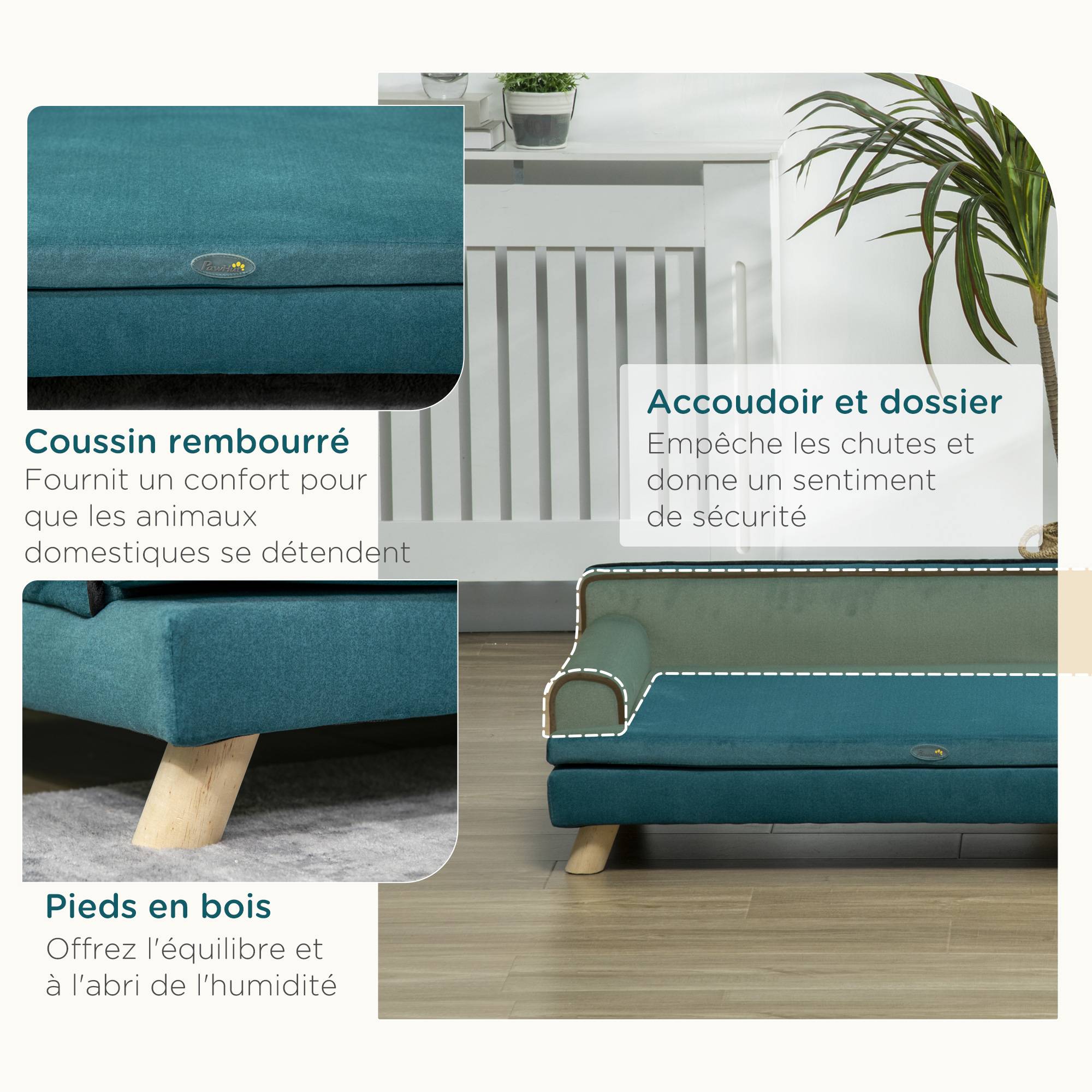 Sans Marque - Canapé pour chien chat design scandinave coussin moelleux amovible pieds bois massif 100 x 62 x 32 cm bleu canard - Image 8