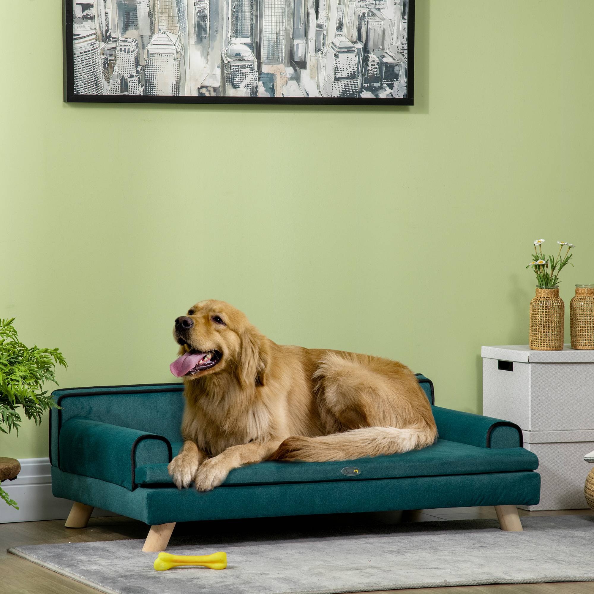 Sans Marque - Canapé pour chien chat design scandinave coussin moelleux amovible pieds bois massif 100 x 62 x 32 cm bleu canard - Image 4