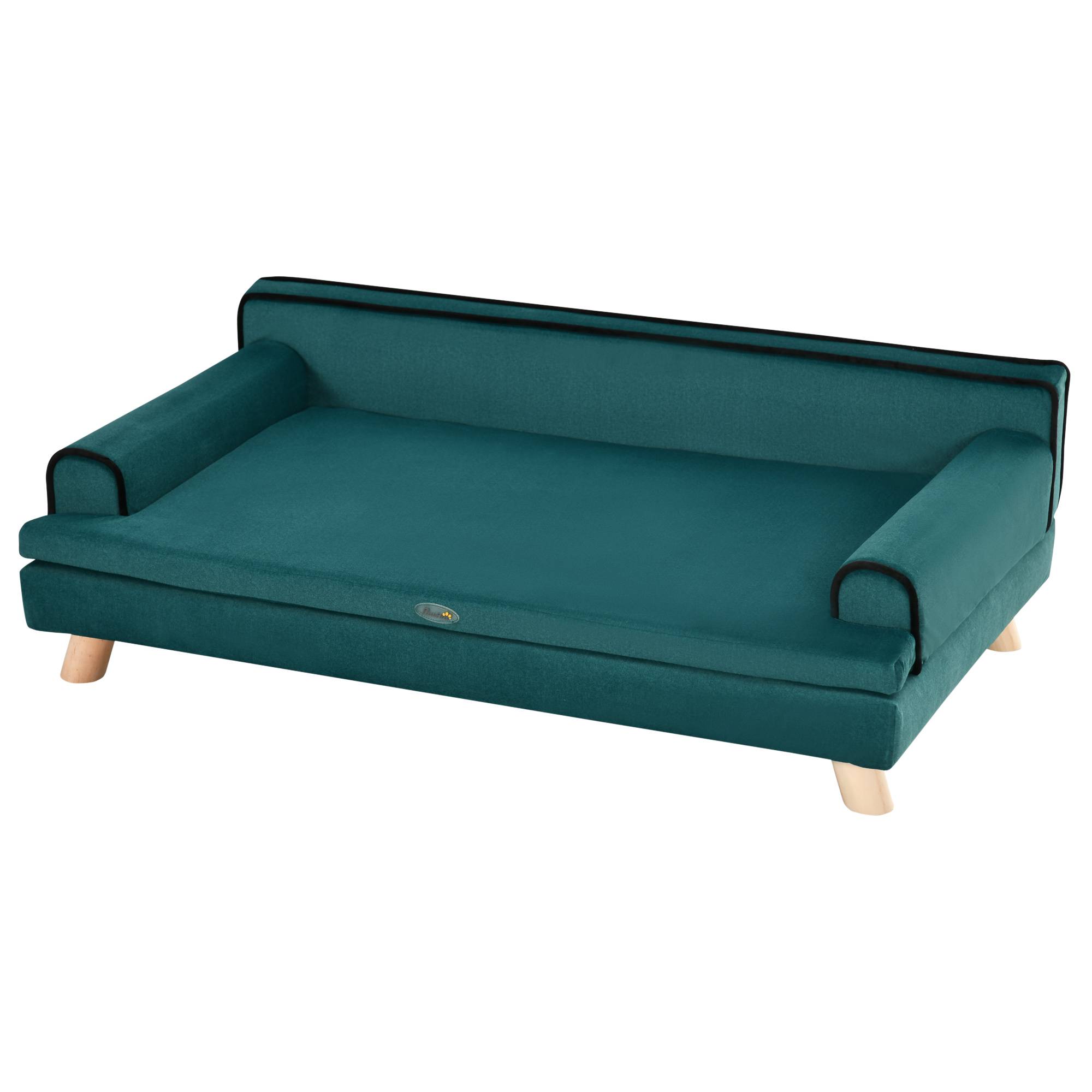 Sans Marque - Canapé pour chien chat design scandinave coussin moelleux amovible pieds bois massif 100 x 62 x 32 cm bleu canard - Image 2