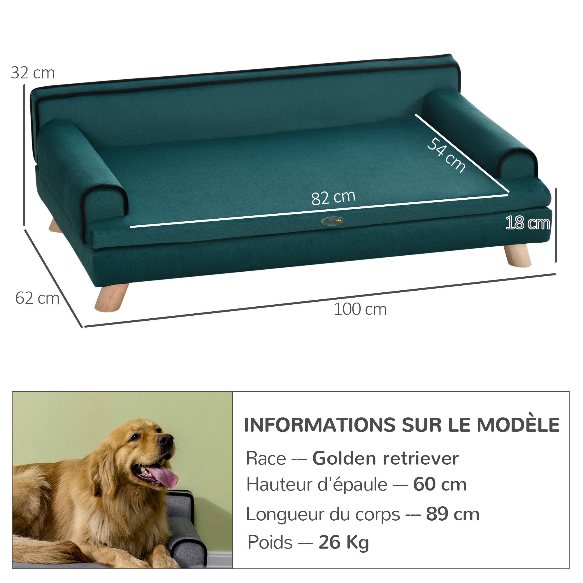 Sans Marque - Canapé pour chien chat design scandinave coussin moelleux amovible pieds bois massif 100 x 62 x 32 cm bleu canard - Image 5