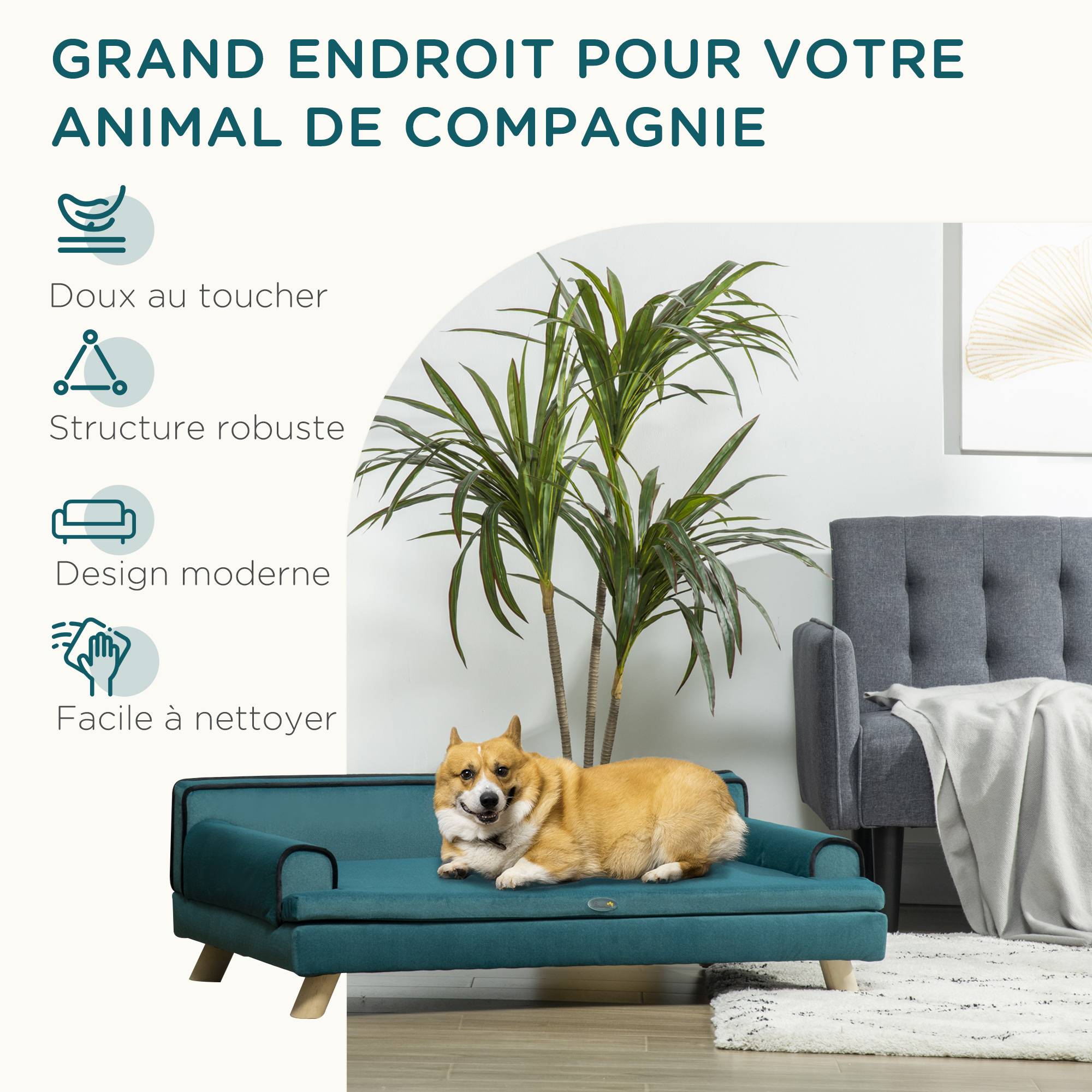 Sans Marque - Canapé pour chien chat design scandinave coussin moelleux amovible pieds bois massif 100 x 62 x 32 cm bleu canard - Image 9