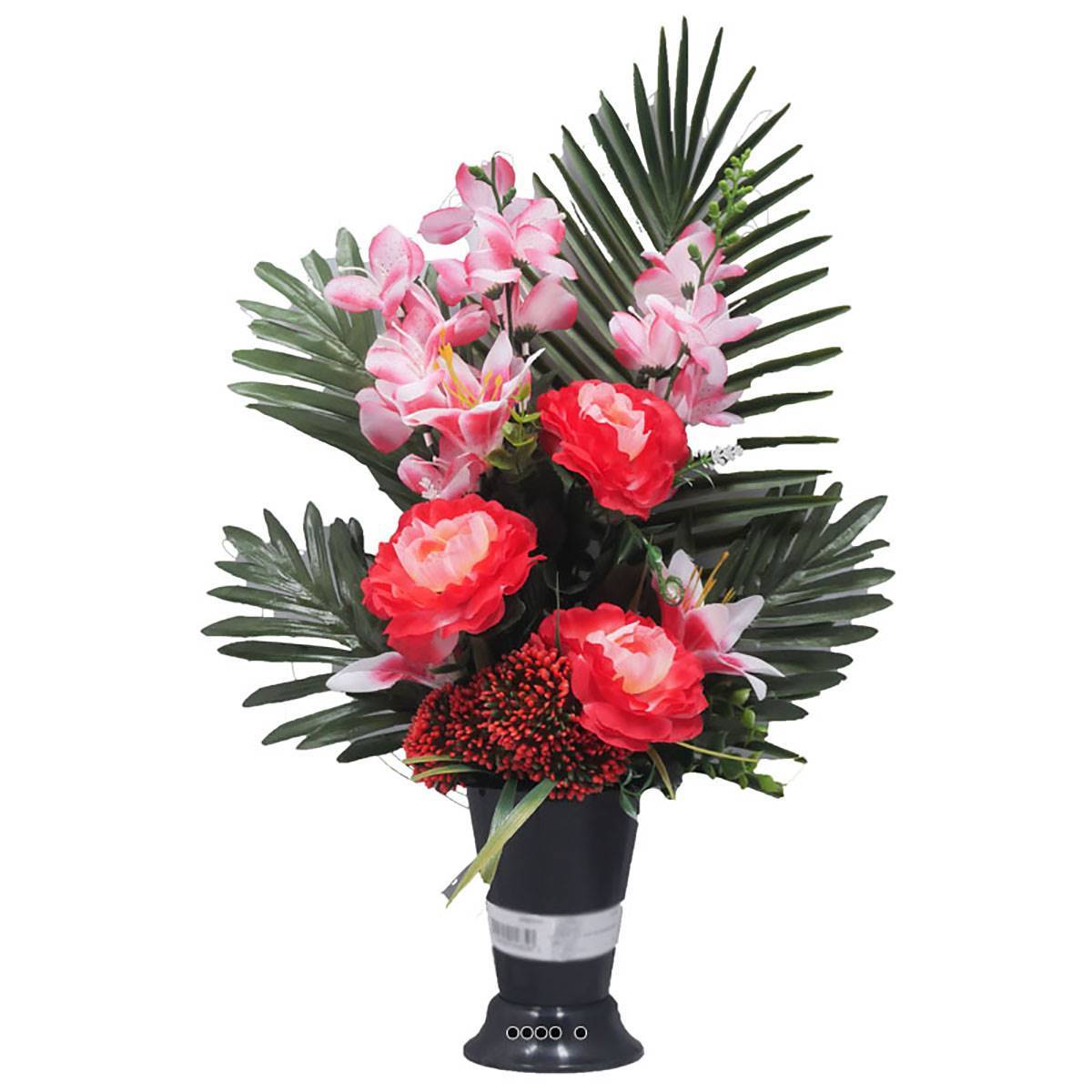 Artificielles - Cône fleurs artificielles cimetière camélias et lys Rose fushia - couleur: Rose fushia 730 - Image 1