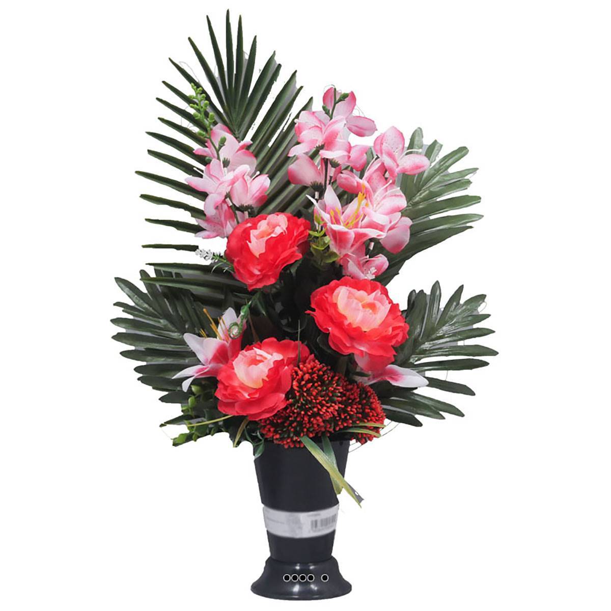 Artificielles - Cône fleurs artificielles cimetière camélias et lys Rose fushia - couleur: Rose fushia 730 - Image 2