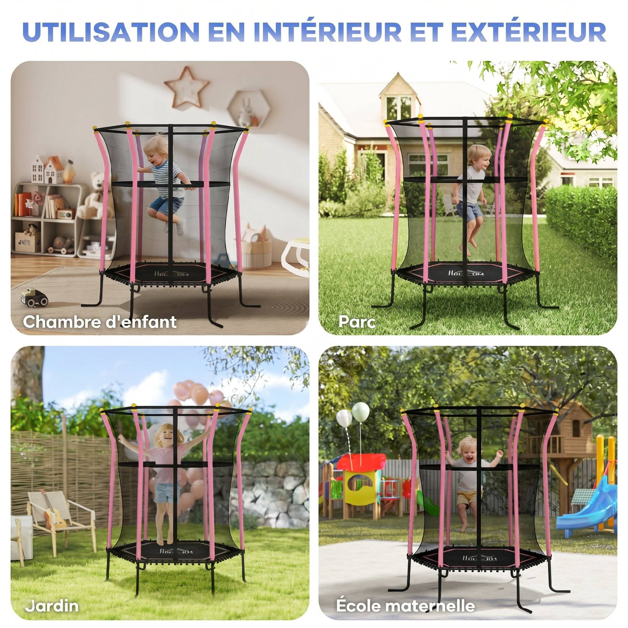 Trampoline pour enfant Ø 1,63 x 1,9 m filet de sécurité porte zippée 6 poteaux rembourrés inclus - Image 9