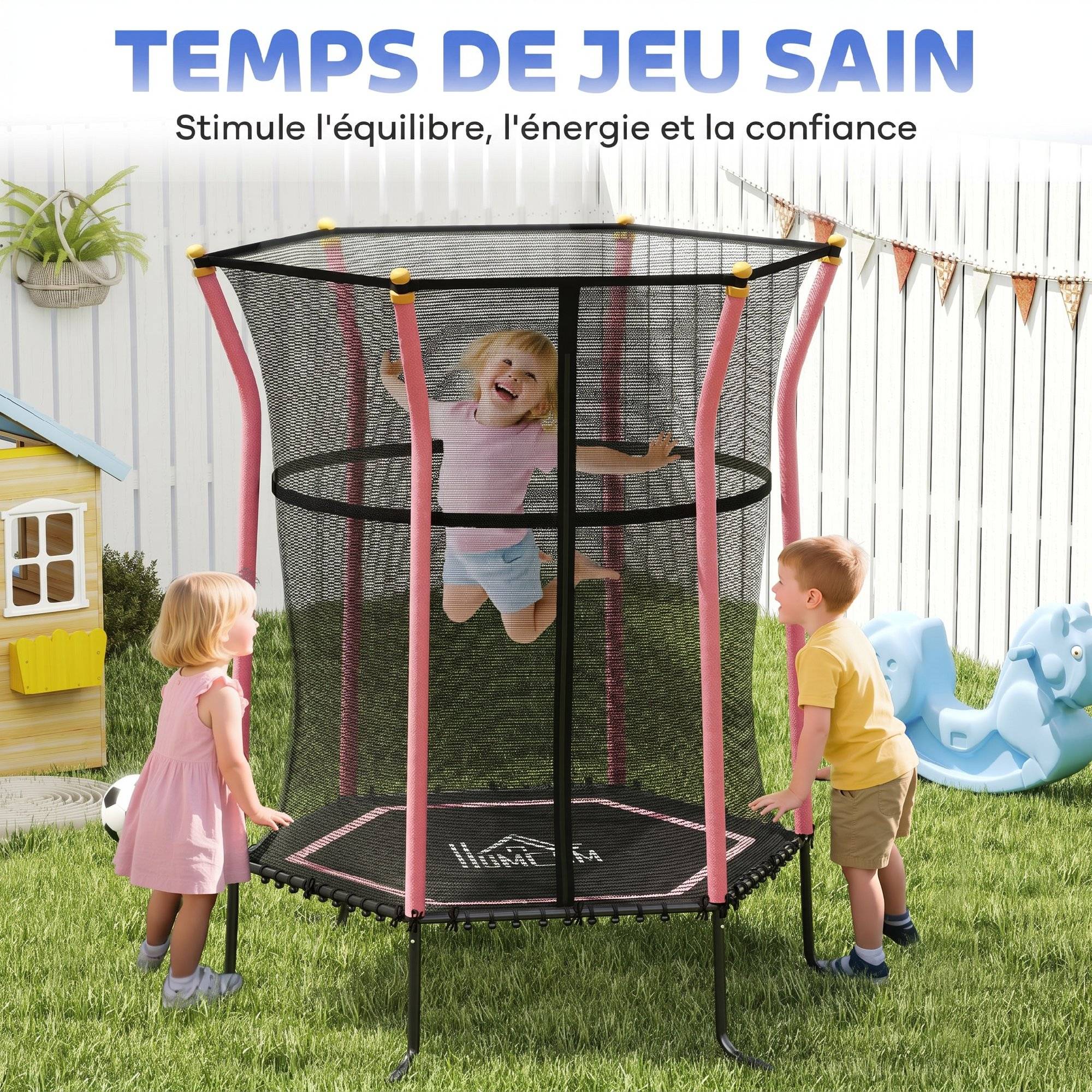 Trampoline pour enfant Ø 1,63 x 1,9 m filet de sécurité porte zippée 6 poteaux rembourrés inclus - Image 10
