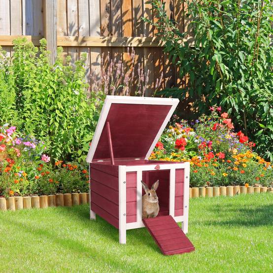 Abri en Bois pour Petit Lapin Niche Extérieure Toit Ouvrant et Porte Rampe 42cm Rouge - ComfortXL Outdoor Living - Image 3