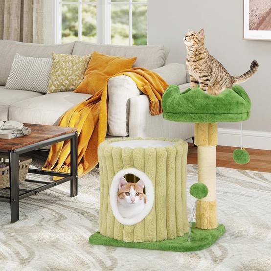 COSTWAY Petit Arbre a Chat 54 cm Cactus, 2 Plateformes, Condo, Poteaux à Griffer en Sisal, 2 Pompons, Tissu en Peluche, pour Salon, Chambre, Vert - Image 3