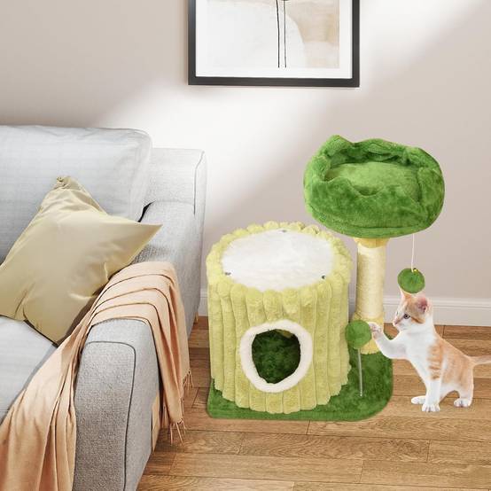 COSTWAY Petit Arbre a Chat 54 cm Cactus, 2 Plateformes, Condo, Poteaux à Griffer en Sisal, 2 Pompons, Tissu en Peluche, pour Salon, Chambre, Vert - Image 2