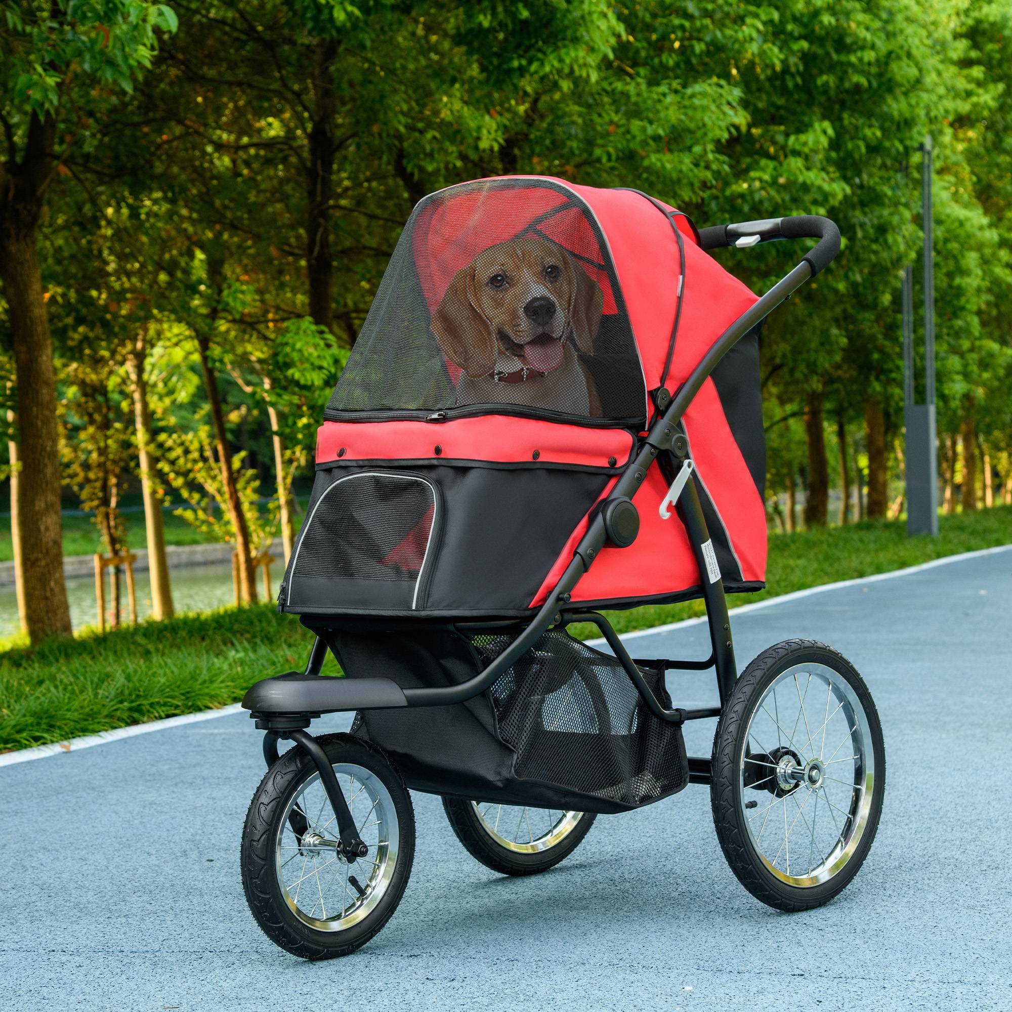 Sans Marque - Poussette chien pliable pare-soleil fenêtre filet panier rangement rouge 111x58x107 cm - Image 4