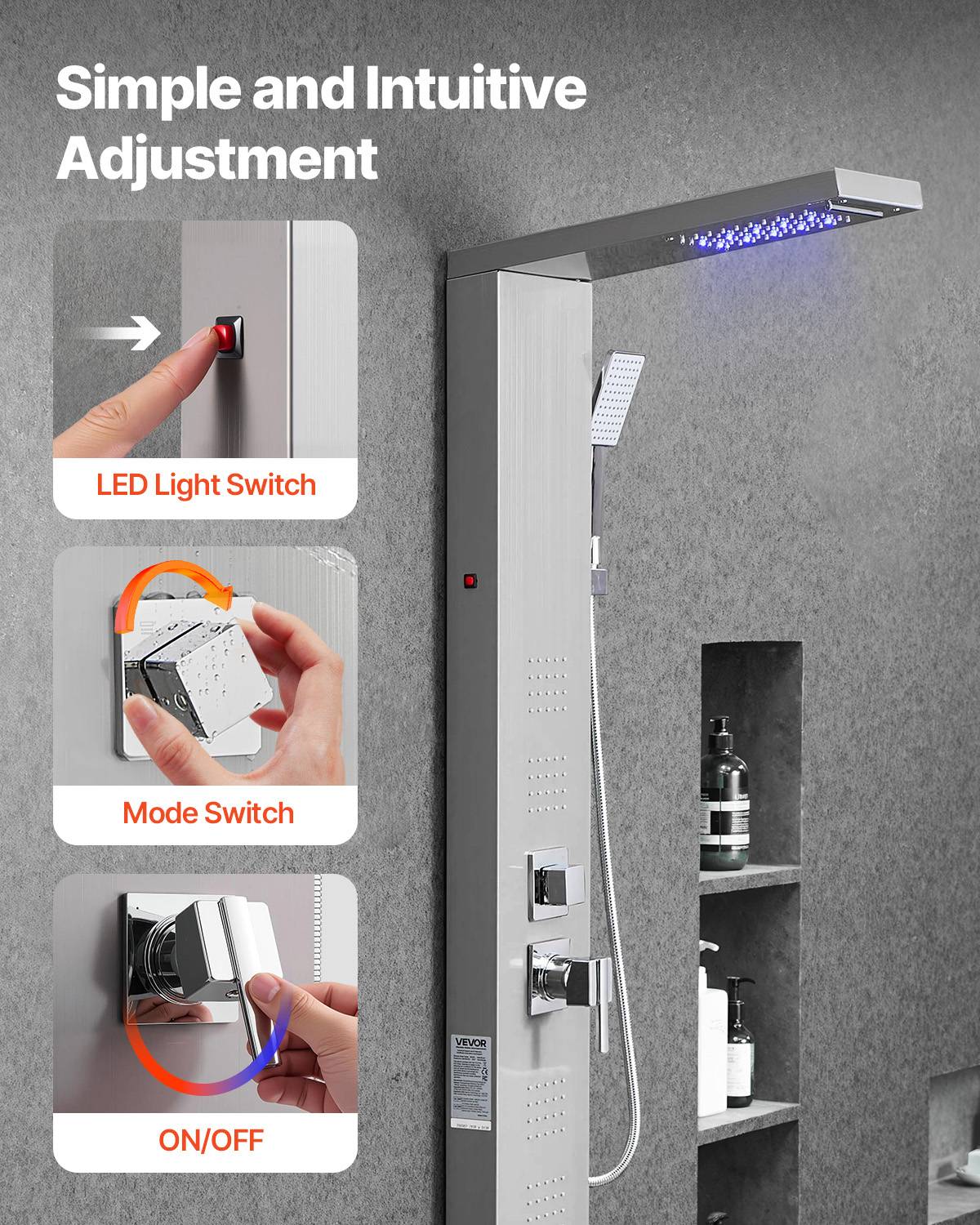 Vevor - VEVOR Colonne douche LED acier inox 1345mm, 5 fonctions dont 4 jets corps et douchette main. - Image 6
