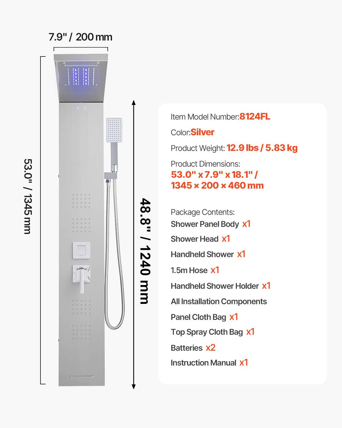 Vevor - VEVOR Colonne douche LED acier inox 1345mm, 5 fonctions dont 4 jets corps et douchette main. - Image 7