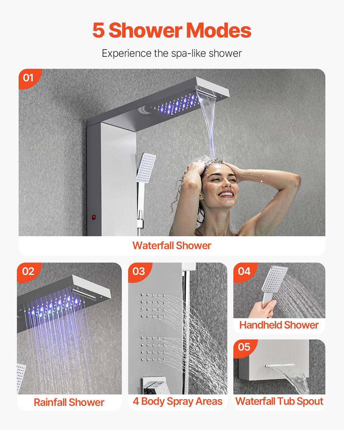 Vevor - VEVOR Colonne douche LED acier inox 1345mm, 5 fonctions dont 4 jets corps et douchette main. - Image 3