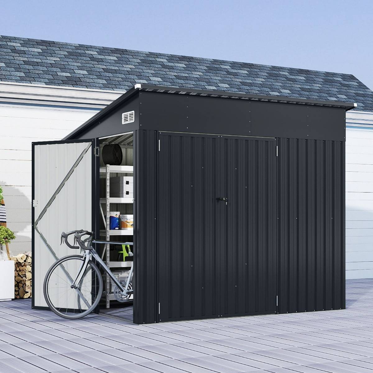 Abri de Stockage à 3 Portes avec Toit en Pente Acier Galvanisé pour Outils Gris Foncé 235x174cm - Image 2