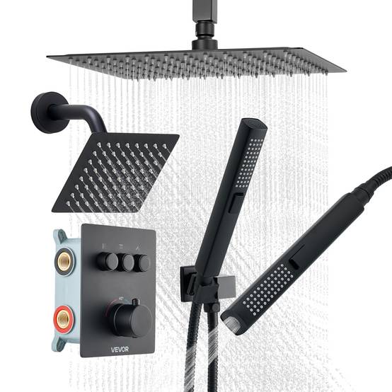 VEVOR Ensemble de Robinet de Douche 3 Douchettes Tête Mural et à Main Noir Mat - Image 1