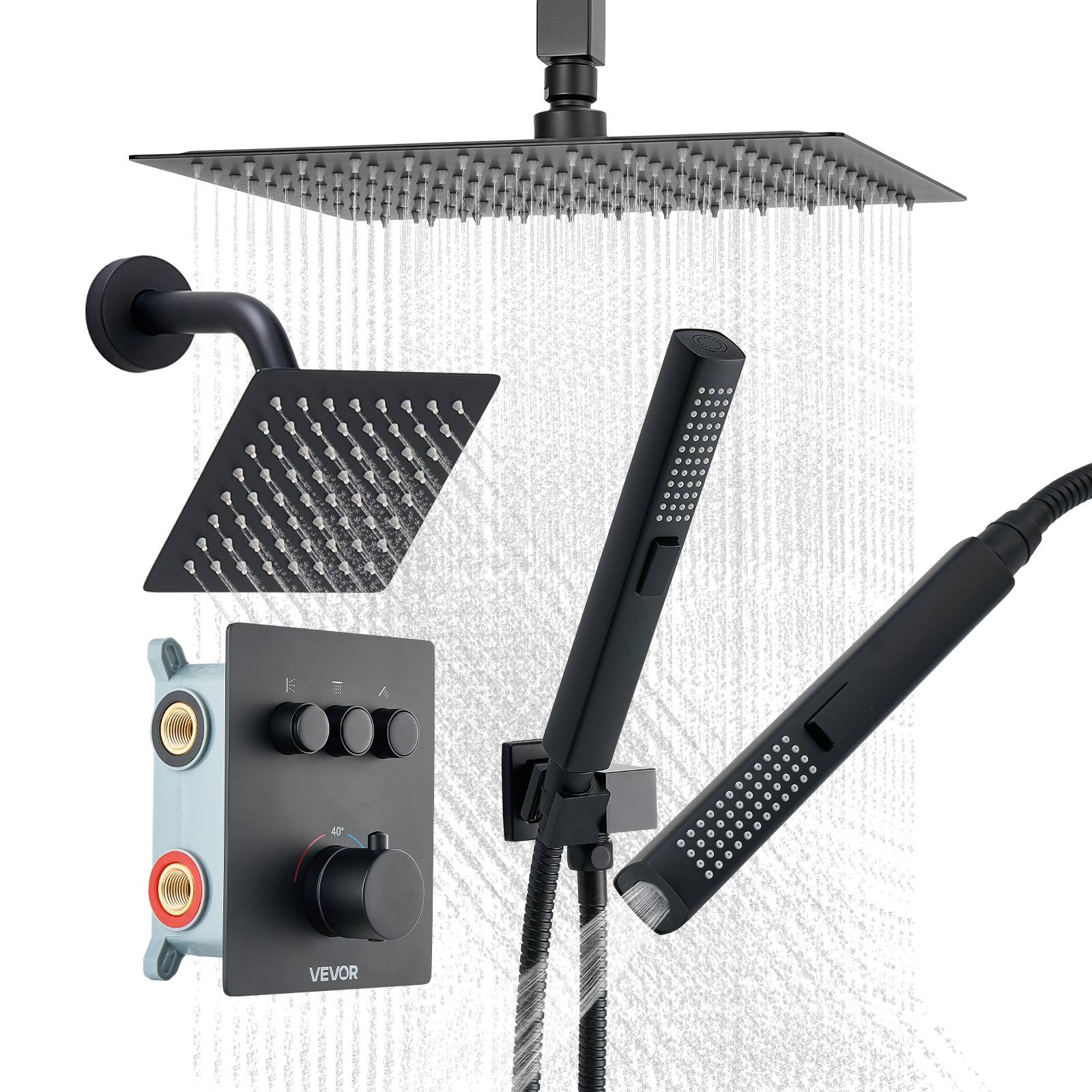 VEVOR Ensemble de Robinet de Douche 3 Douchettes Tête Mural et à Main Noir Mat - Image 1