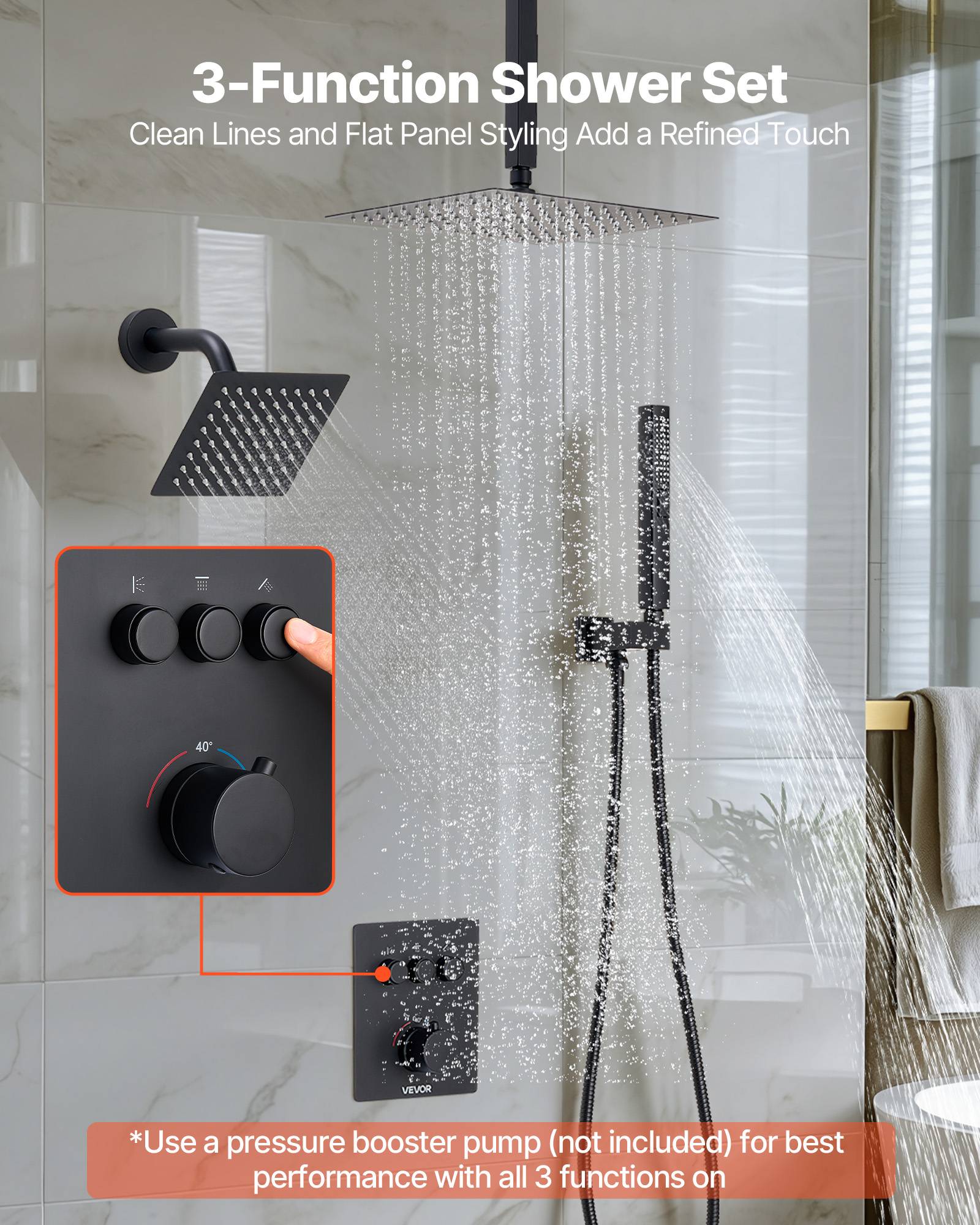 VEVOR Ensemble de Robinet de Douche 3 Douchettes Tête Mural et à Main Noir Mat - Image 2