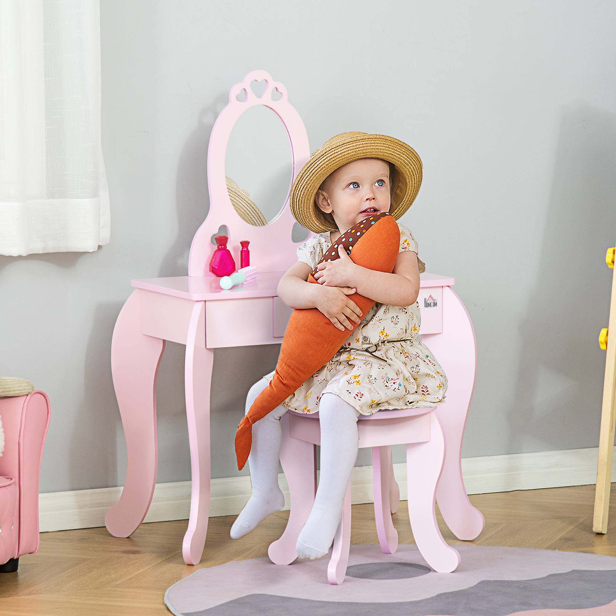 Sans Marque - Coiffeuse Enfant Design Girly avec Motifs à Coeur - Tabouret Inclus - dim. 60L x 36l x 88H cm - tiroir, Miroir - MDF - Rose - Image 3