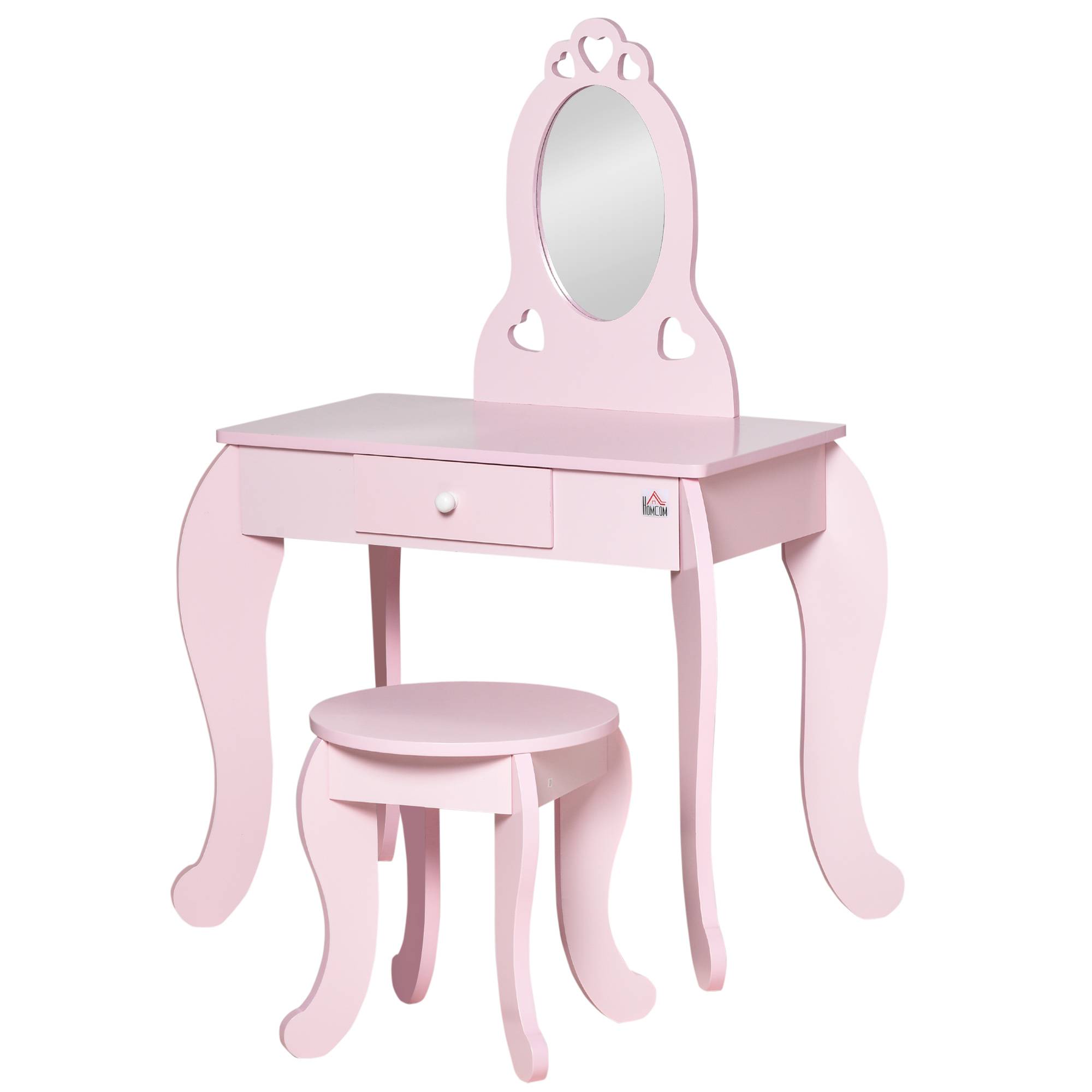 Sans Marque - Coiffeuse Enfant Design Girly avec Motifs à Coeur - Tabouret Inclus - dim. 60L x 36l x 88H cm - tiroir, Miroir - MDF - Rose - Image 2