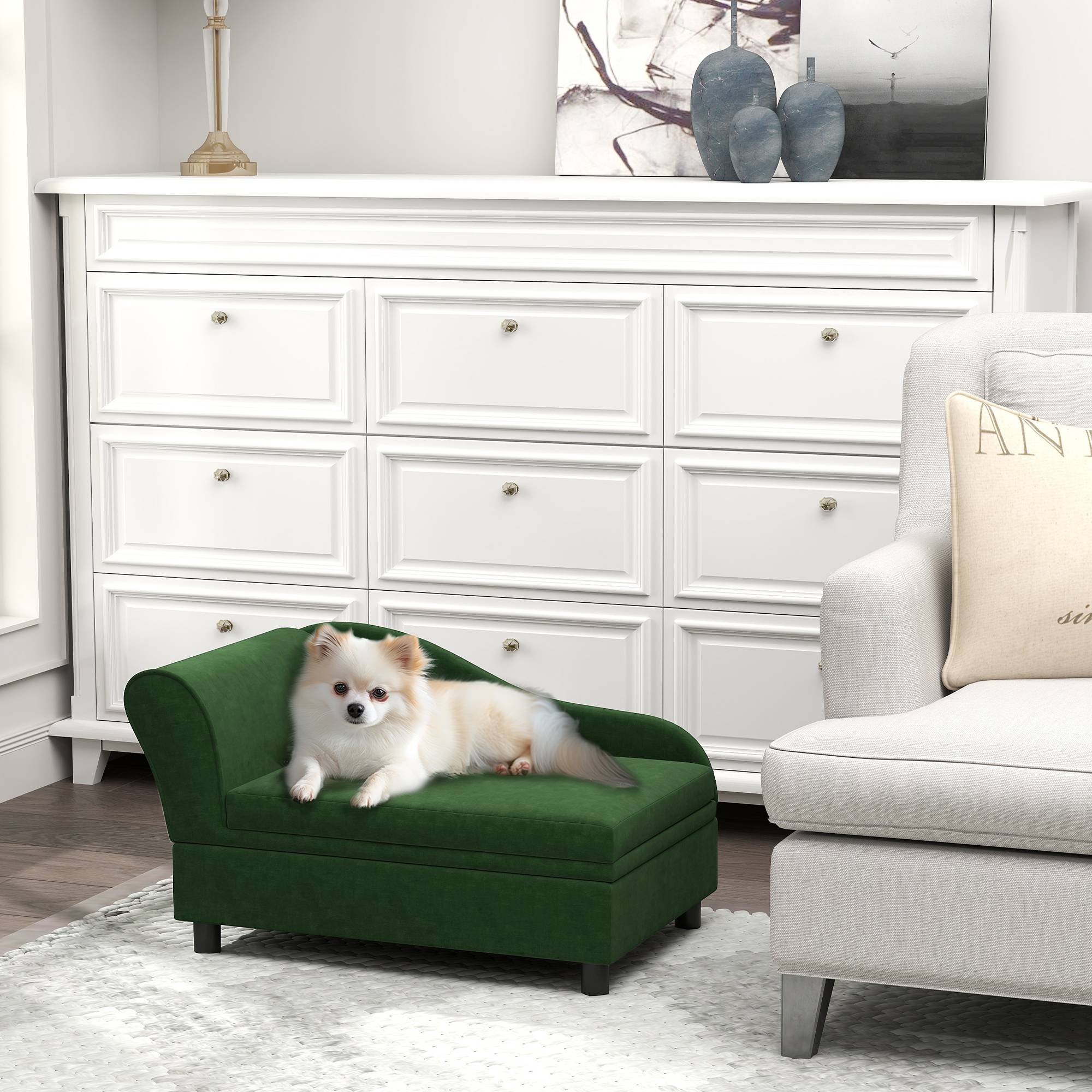 Canapé chien chat sur pied avec coffre de rangement style moderne coussin d'assise amovible 76 x 45 x 43 cm vert - Image 4