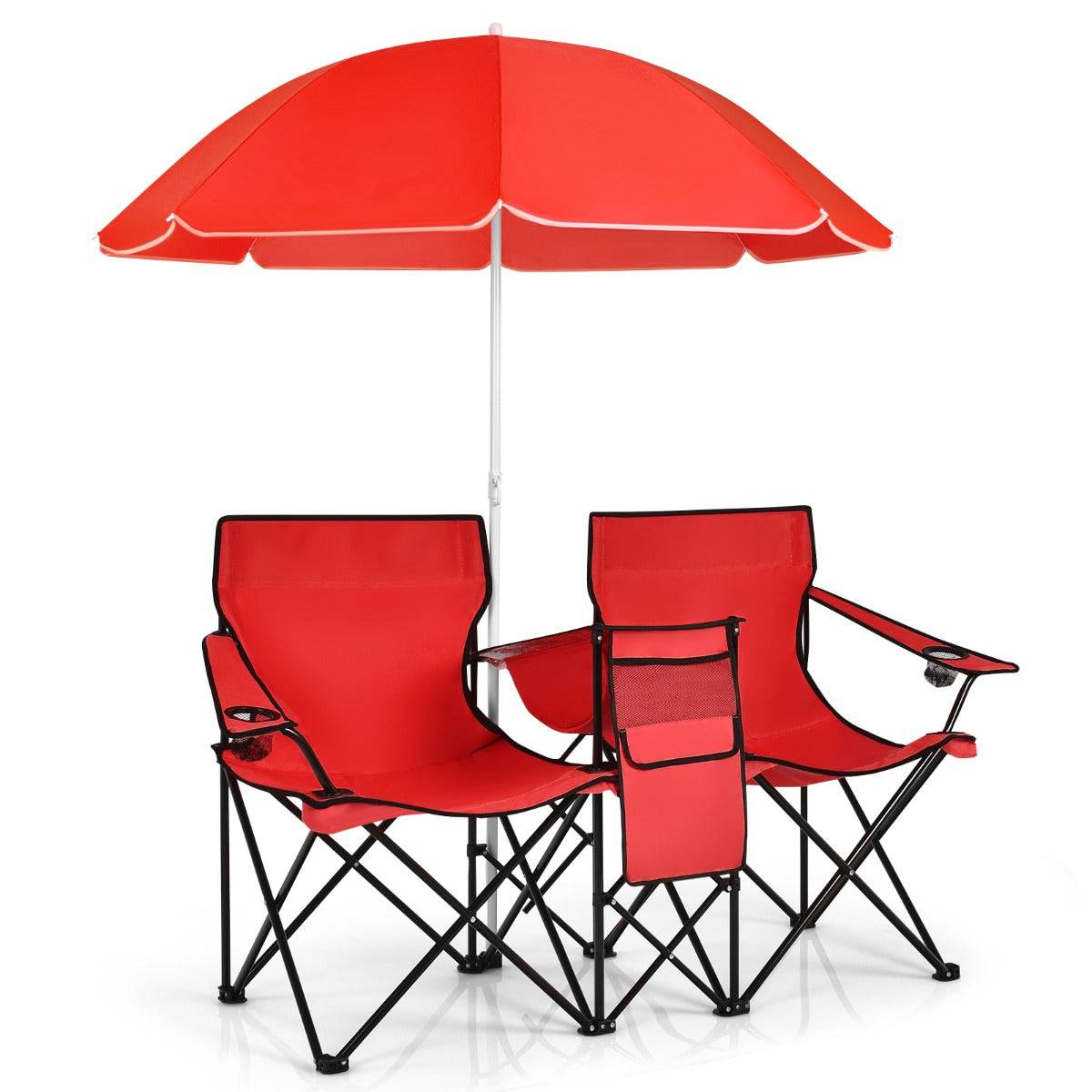 Helloshop26 - Chaise de camping pliante 2 places avec poche isotherme porte-gobelet parasol accoudoirs portable 113 kg rouge - Image 1
