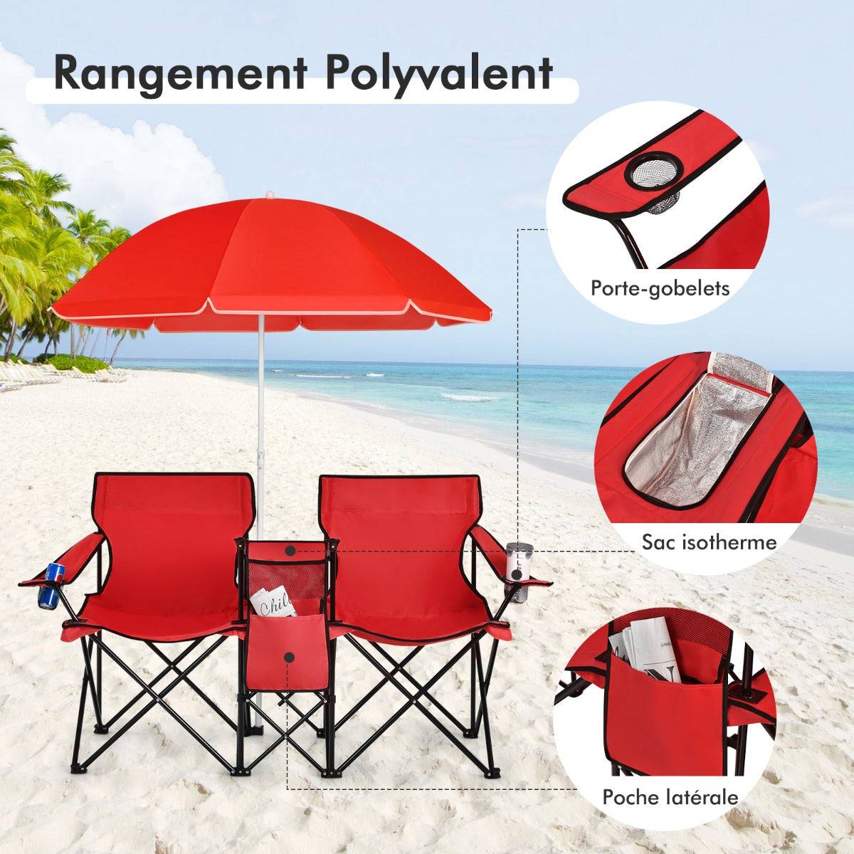 Helloshop26 - Chaise de camping pliante 2 places avec poche isotherme porte-gobelet parasol accoudoirs portable 113 kg rouge - Image 2