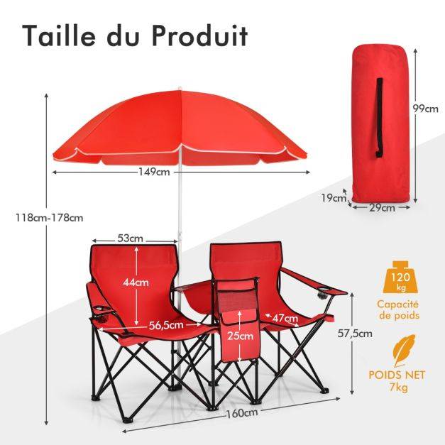 Helloshop26 - Chaise de camping pliante 2 places avec poche isotherme porte-gobelet parasol accoudoirs portable 113 kg rouge - Image 5