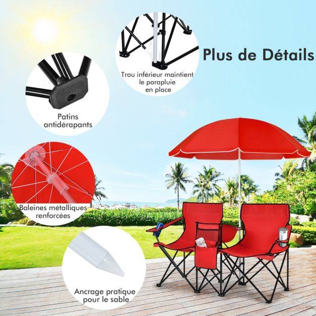 Helloshop26 - Chaise de camping pliante 2 places avec poche isotherme porte-gobelet parasol accoudoirs portable 113 kg rouge - Image 3