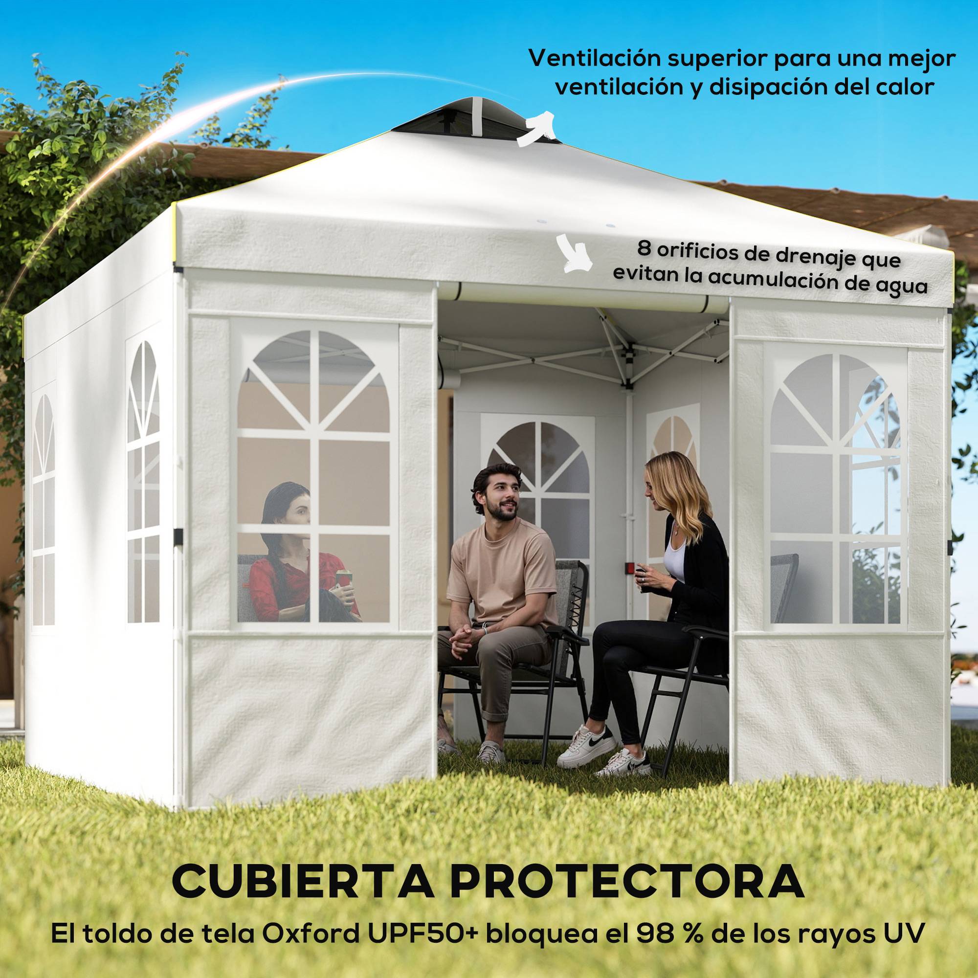 Tente pliante pop-up 3x3m avec protection UPF50+, 4 panneaux latéraux amovibles, hauteur réglable et sac de transport, blanche - Image 6