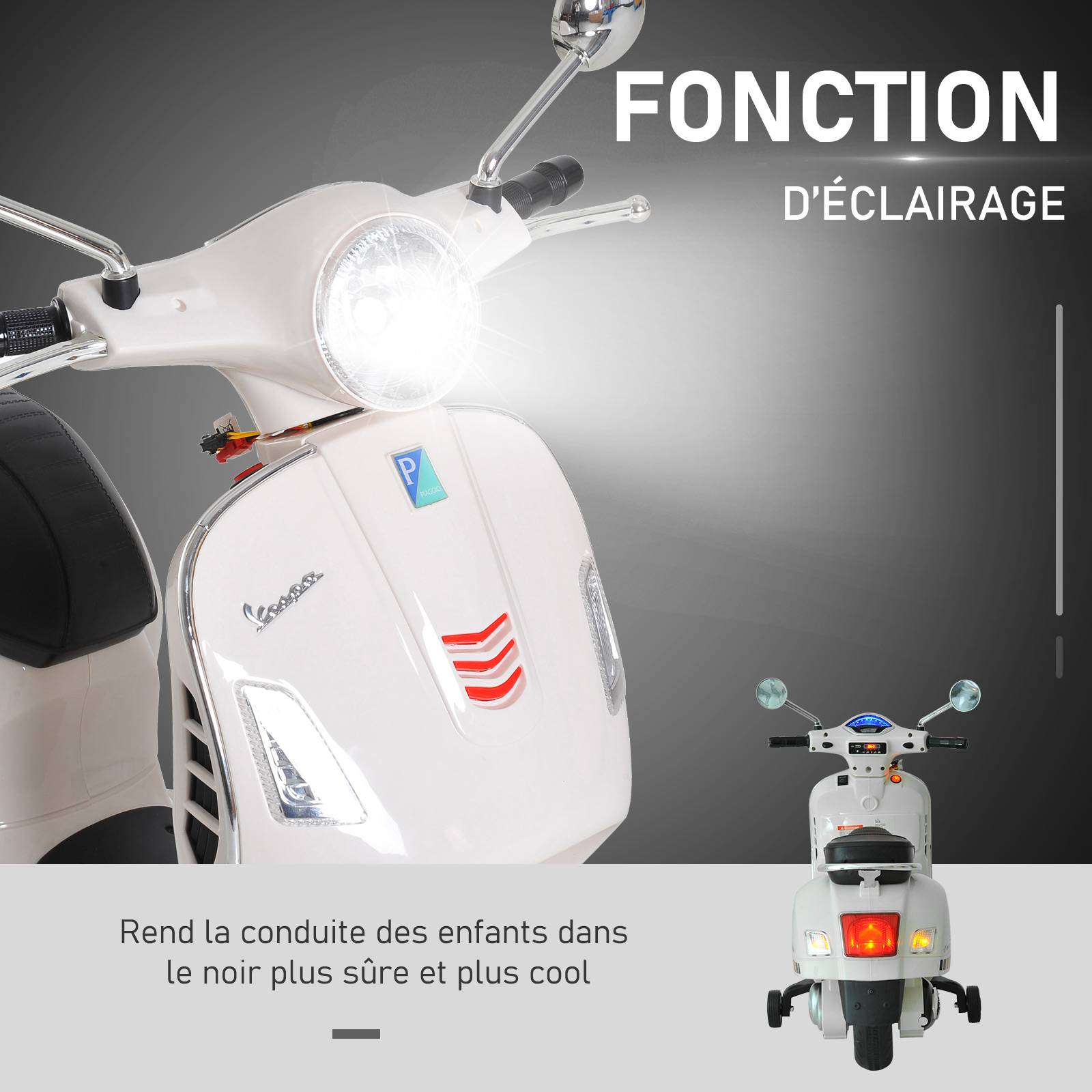 Vespa Scooter Moto électrique Enfants 6 V dim. 102L x 51l x 76H cm Musique MP3 Port USB klaxon Phare feu AR Blanc - Image 5