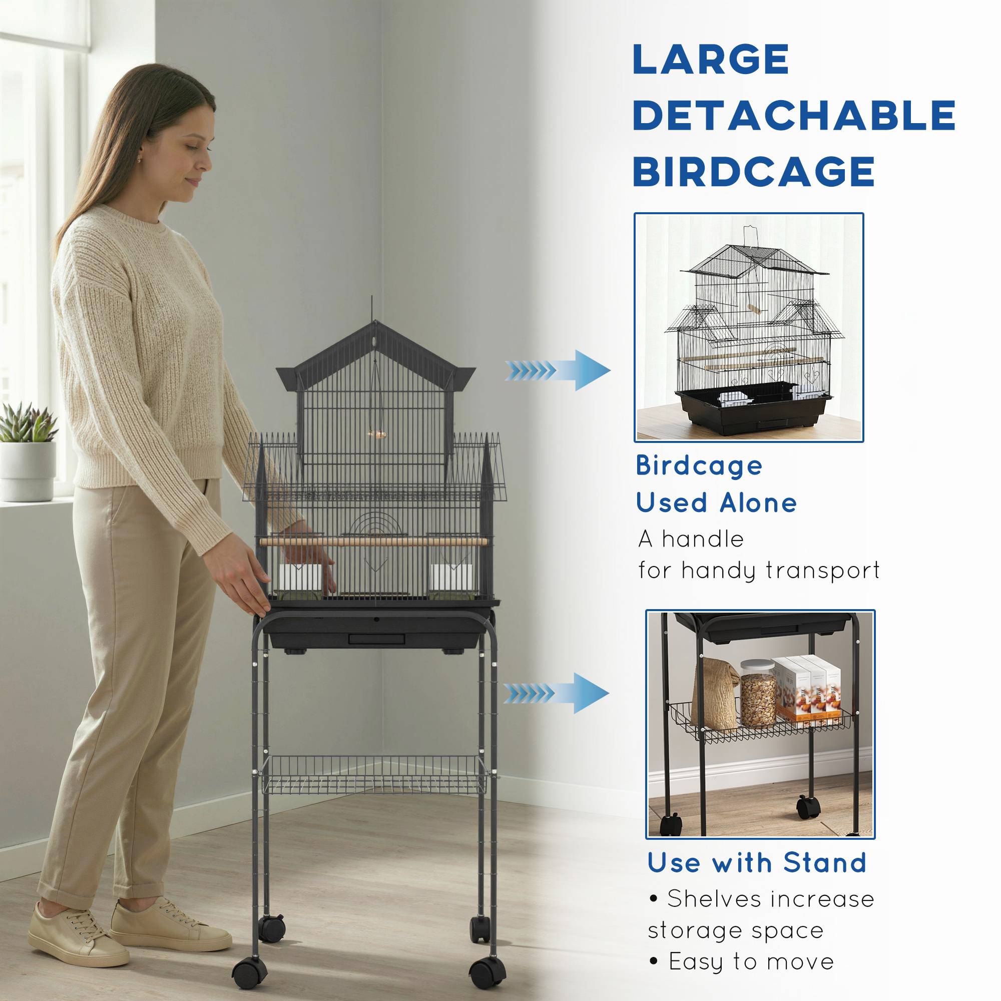 Sans Marque - Cage à oiseaux design maison mangeoires perchoirs 3 portes plateau excrément amovible + poignée transport noir - Image 10
