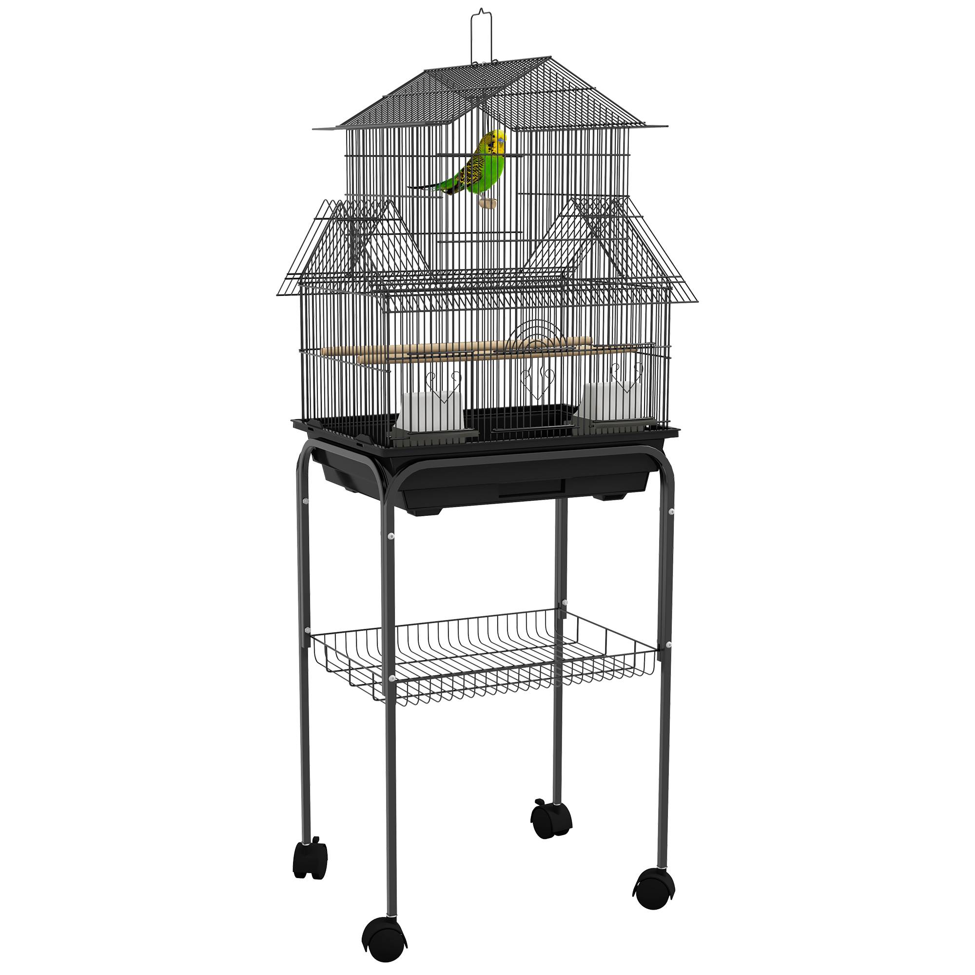 Sans Marque - Cage à oiseaux design maison mangeoires perchoirs 3 portes plateau excrément amovible + poignée transport noir - Image 1