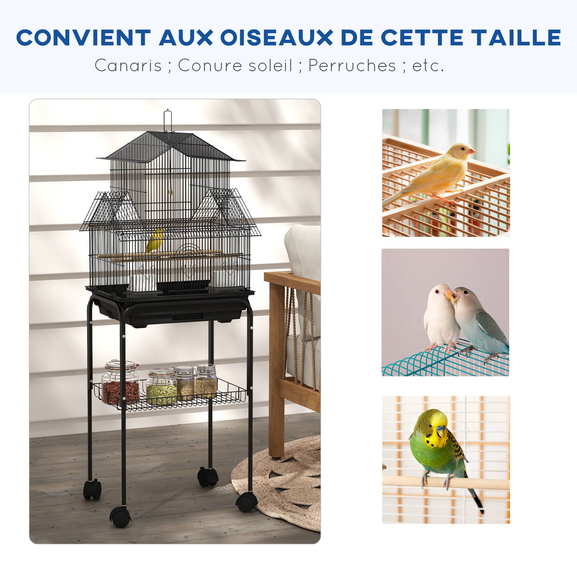 Sans Marque - Cage à oiseaux design maison mangeoires perchoirs 3 portes plateau excrément amovible + poignée transport noir - Image 9