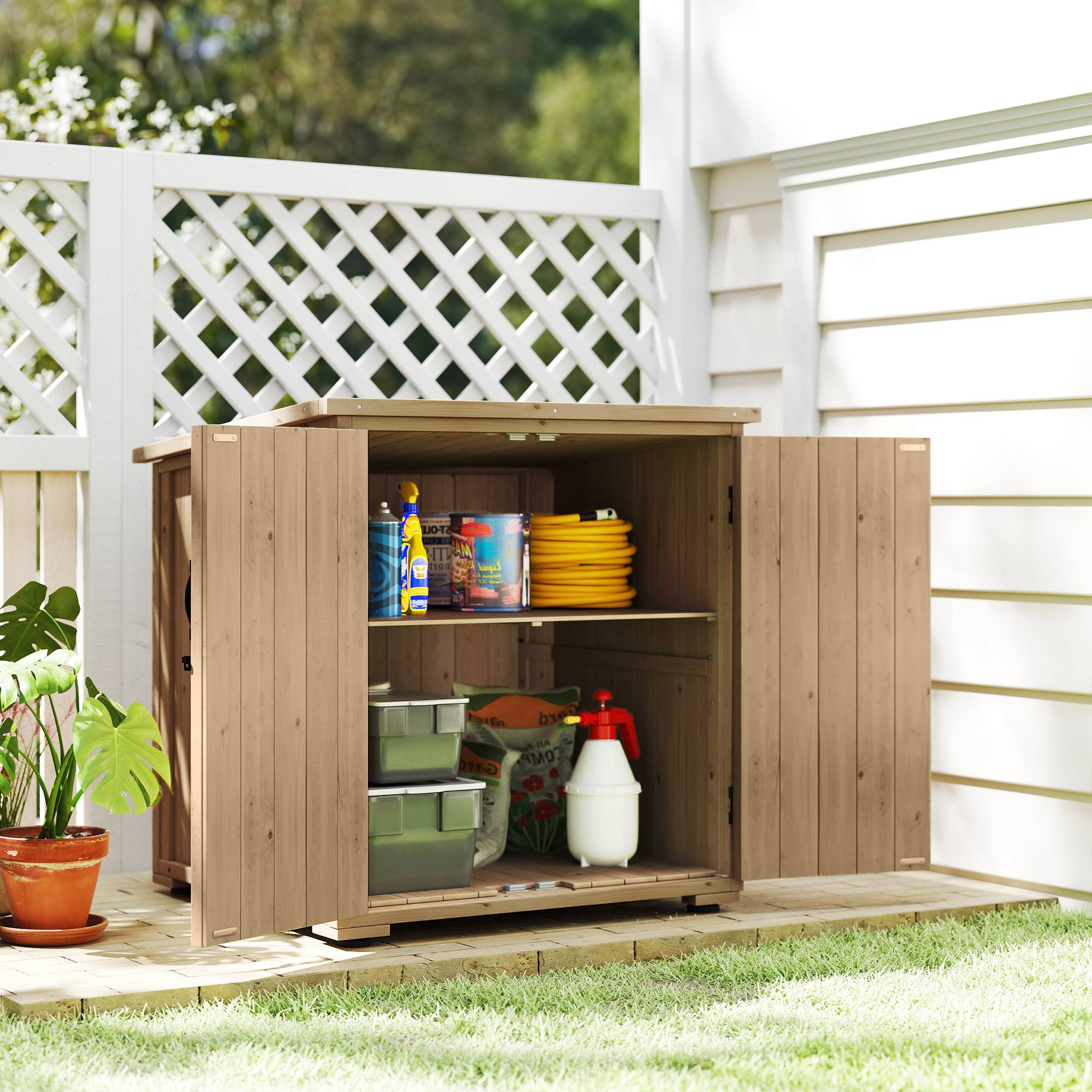 Armoire de rangement bois extérieur étagère réglable double porte 88x90cm - ComfortXL Outdoor Living - Image 3