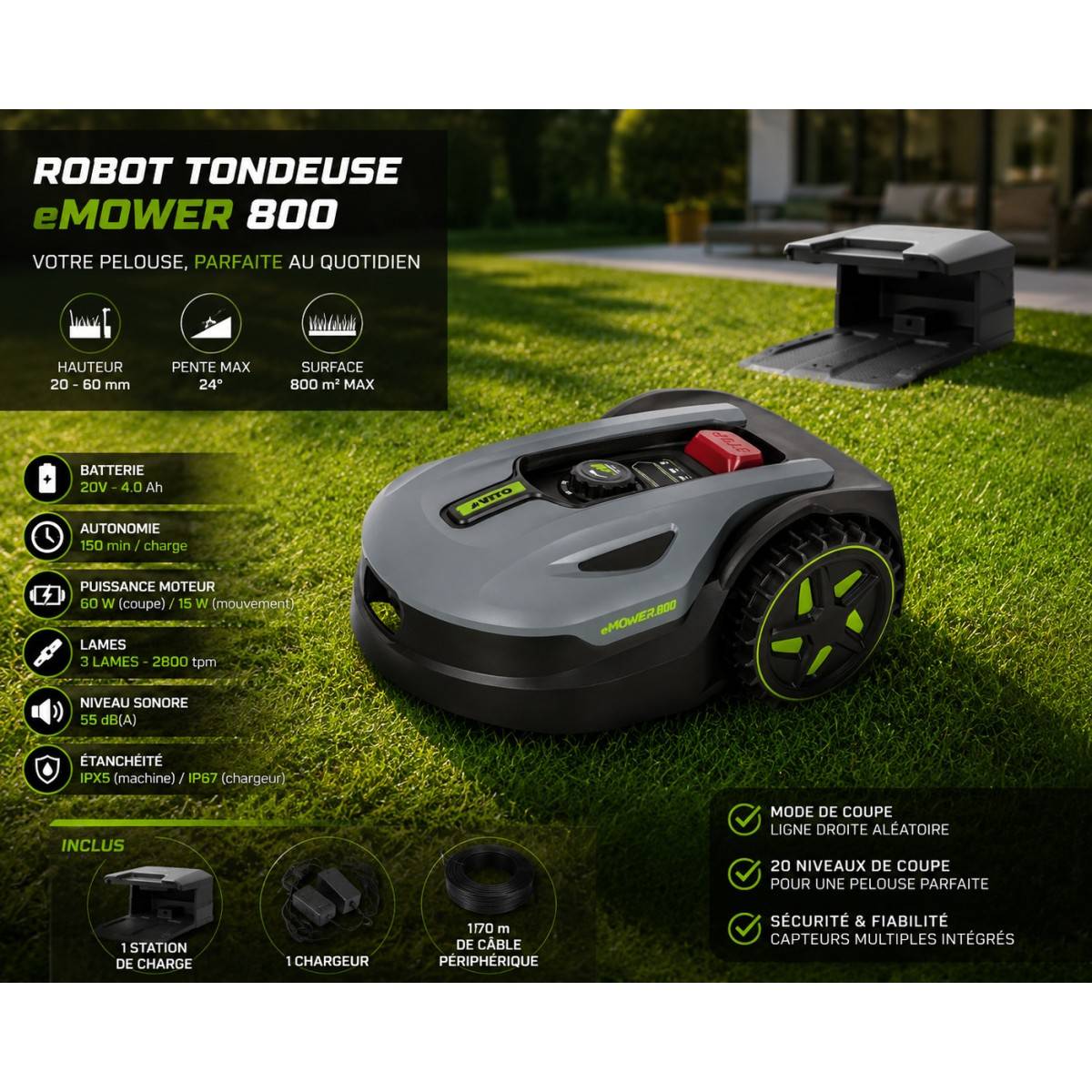 Robot Tondeuse sans fil 800m2 Brushless 3 Lames Coupe 180mm Retour station automatique Mulching VITO - Image 2