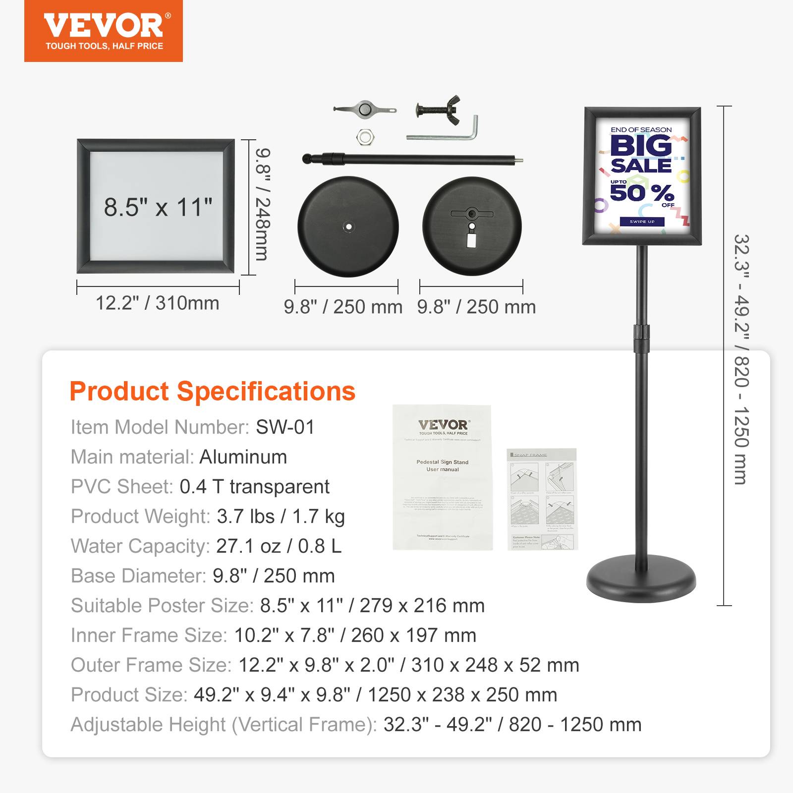Vevor - VEVOR Porte-affiche 279x216 mm, rotation 360°, hauteur réglable 820-1250 mm, alu. - Image 7