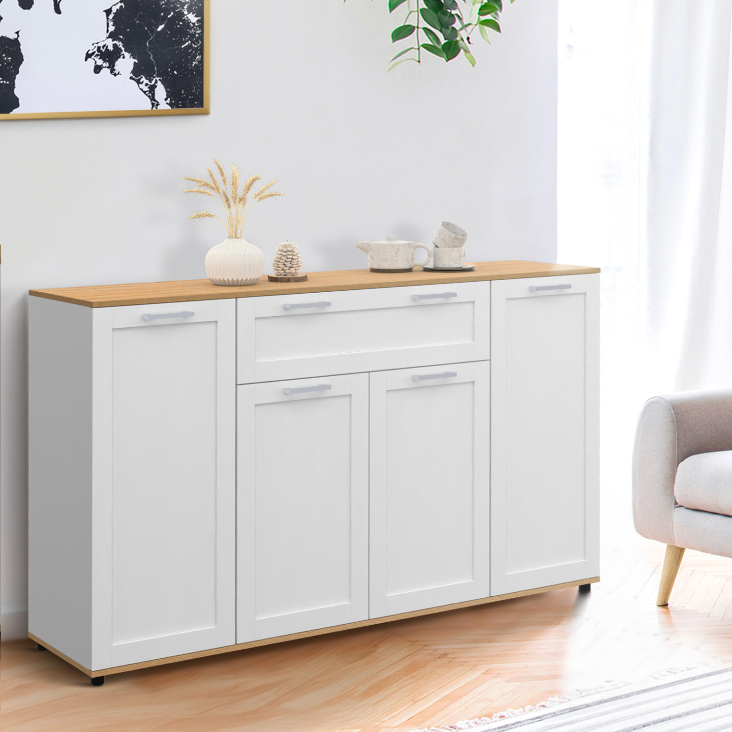 Buffet 140 cm VITO 4 portes et 1 tiroir blanc et bois - Image 1